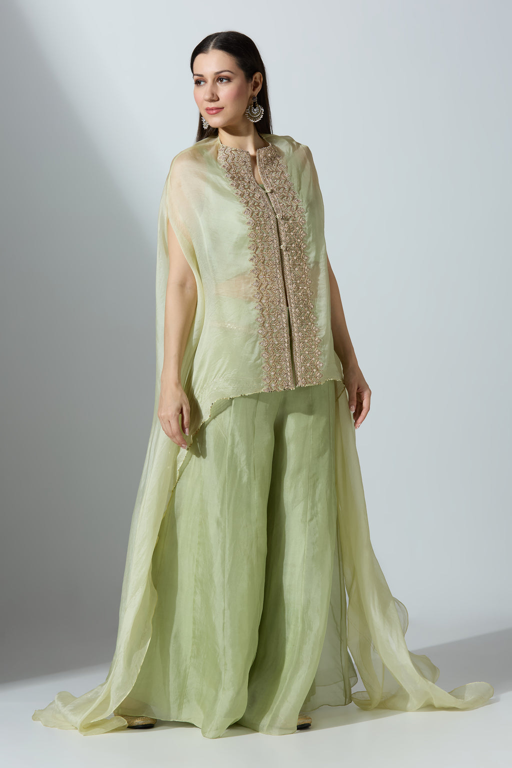 Green Organza Cape With Pant and Slip
