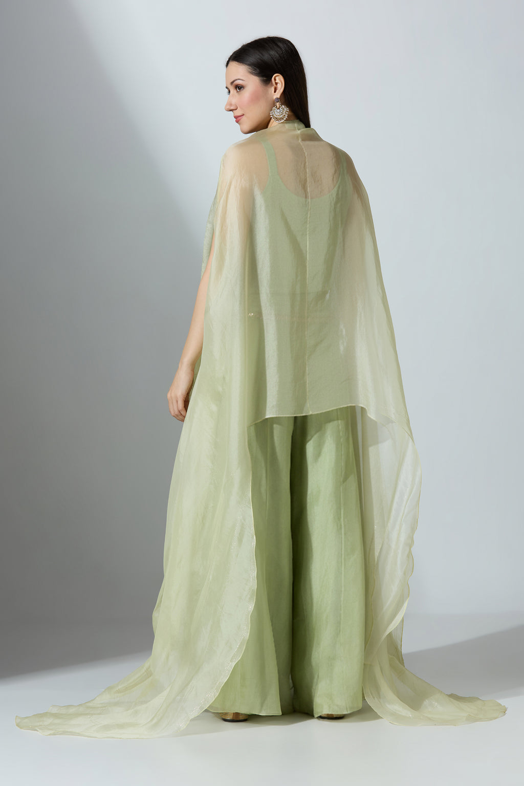 Green Organza Cape With Pant and Slip