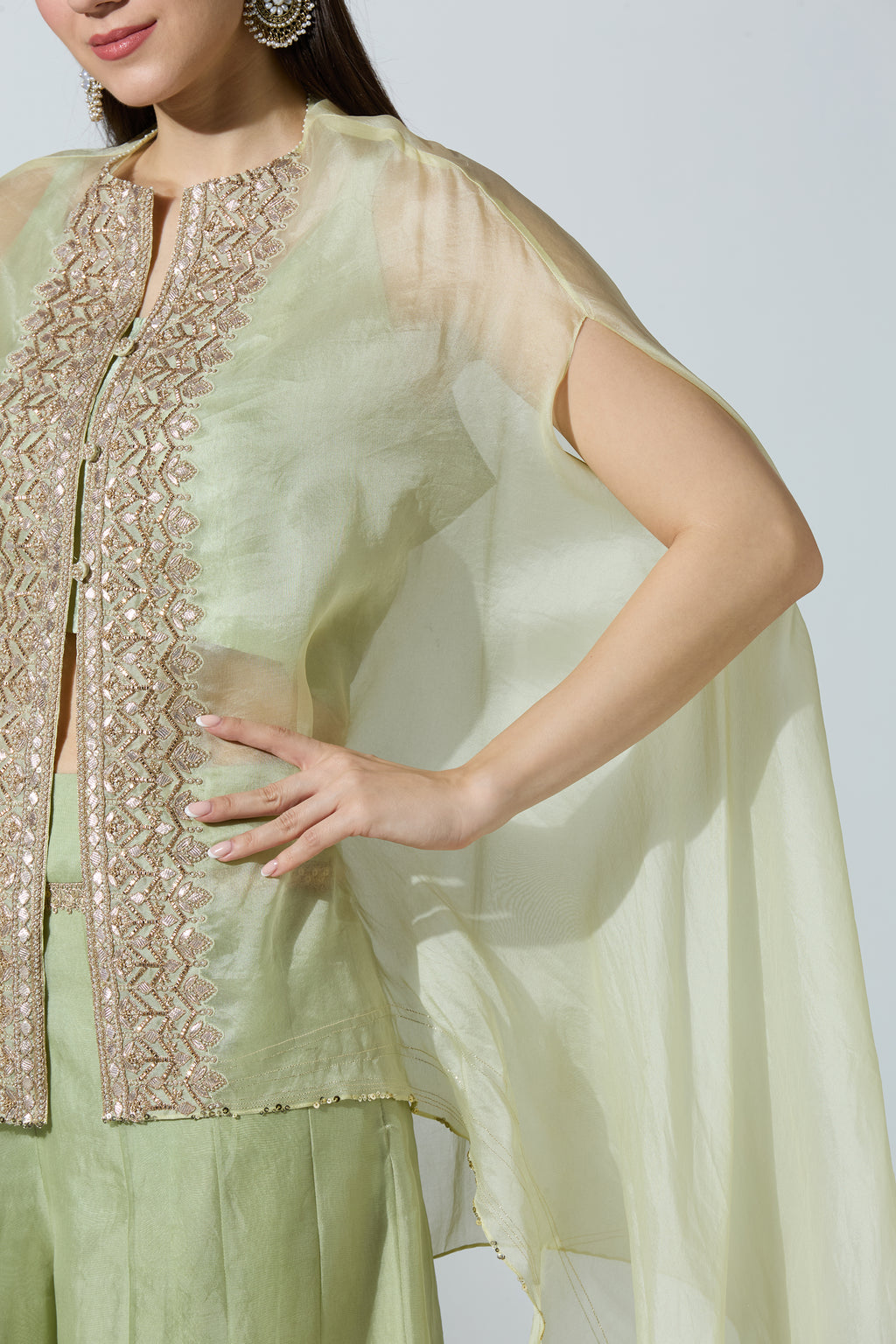 Green Organza Cape With Pant and Slip