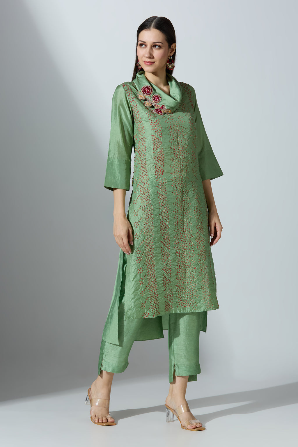 Green Bandhej Cowl Kurta Set With Pant