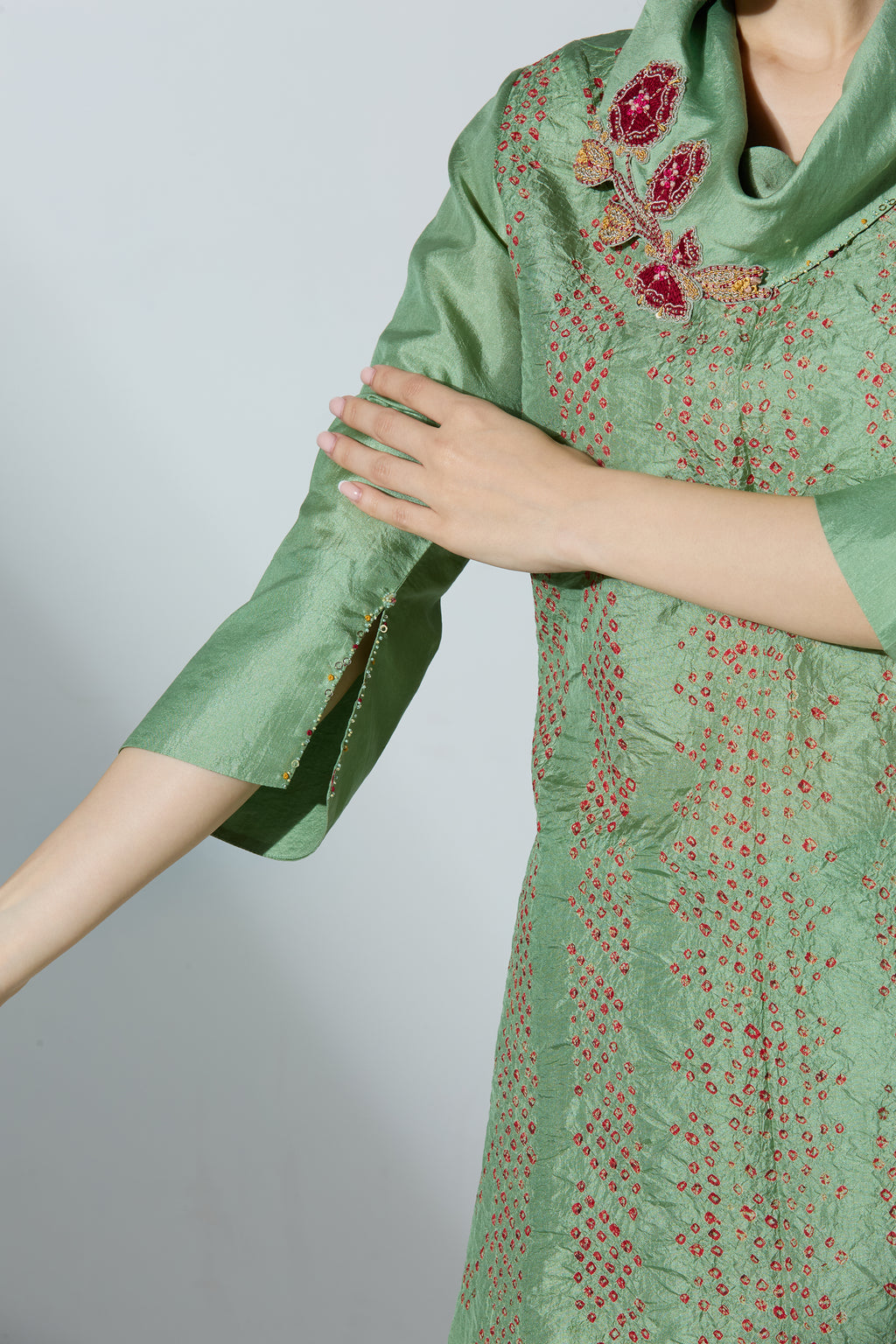 Green Bandhej Cowl Kurta Set With Pant