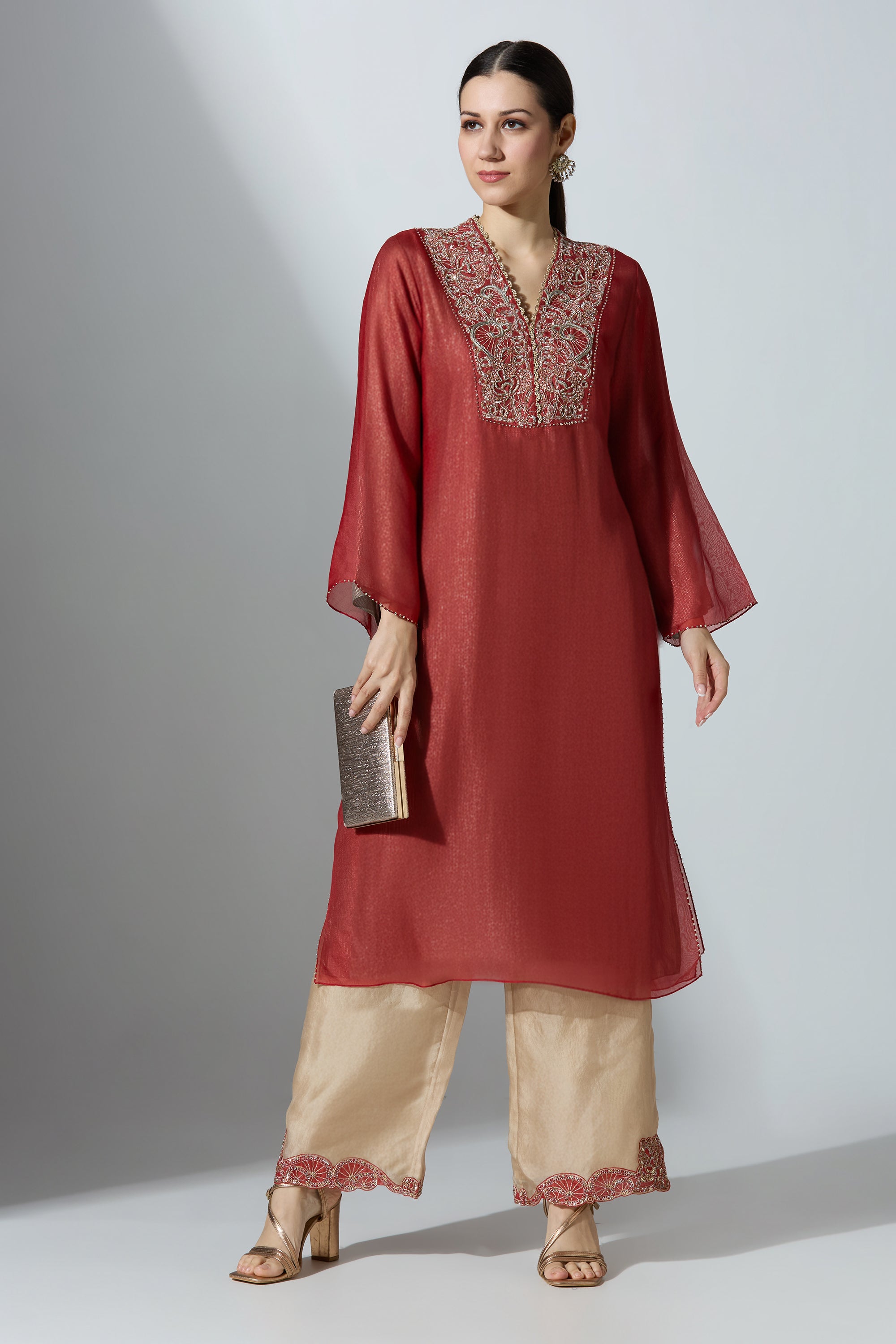 Red Organza V Overlap Kurta Set With Pant