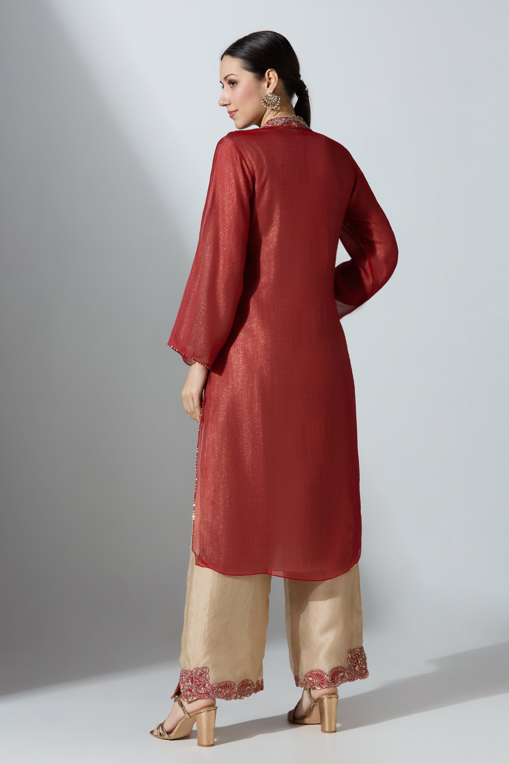 Red Organza V Overlap Kurta Set With Pant