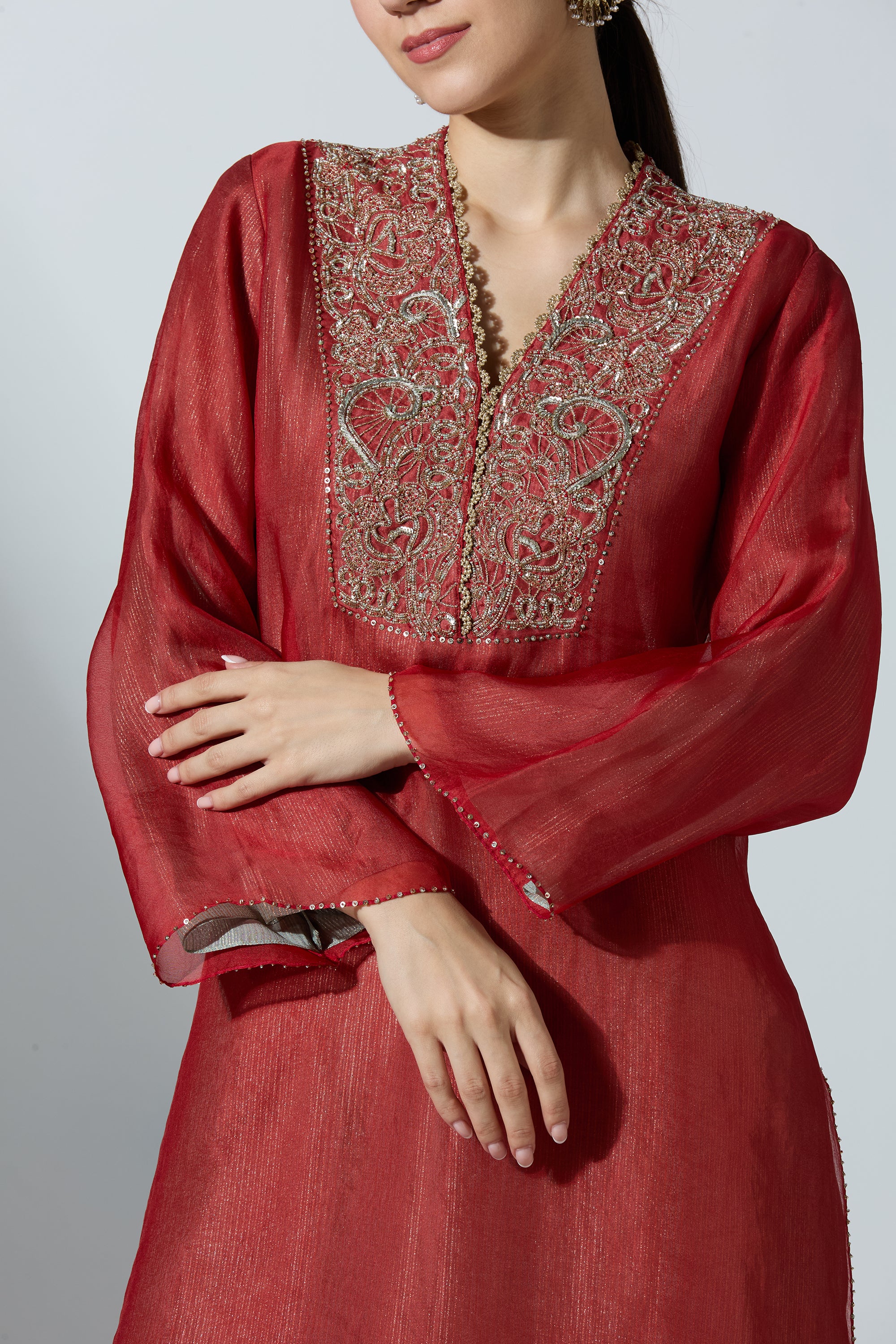 Red Organza V Overlap Kurta Set With Pant