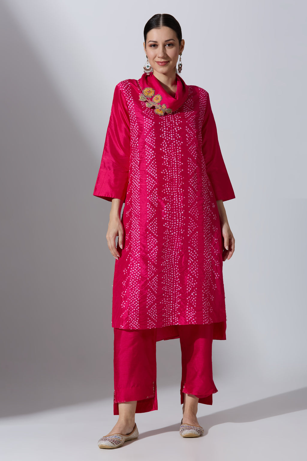 Pink Bandhej Cowl Kurta Set
