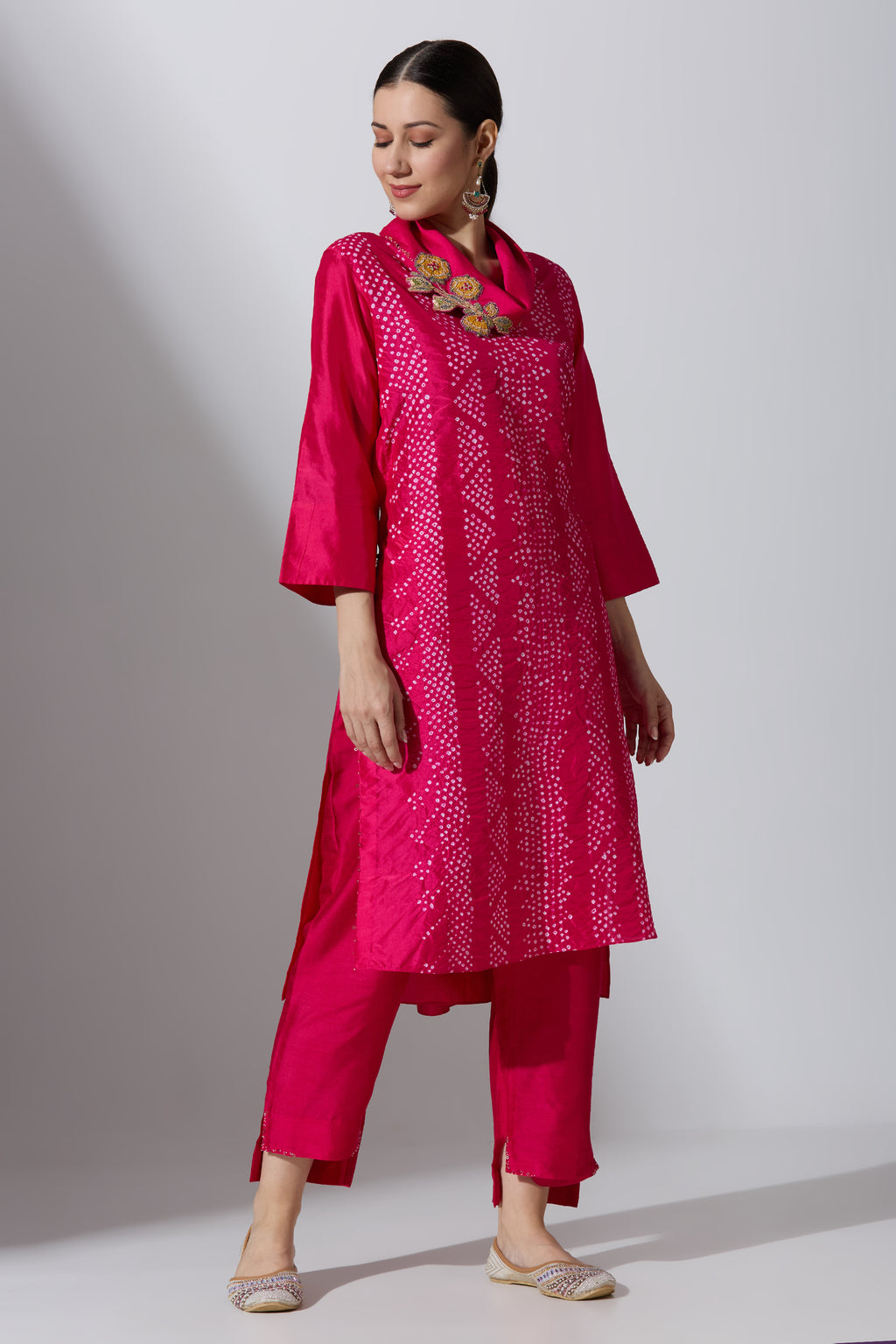 Pink Bandhej Cowl Kurta Set