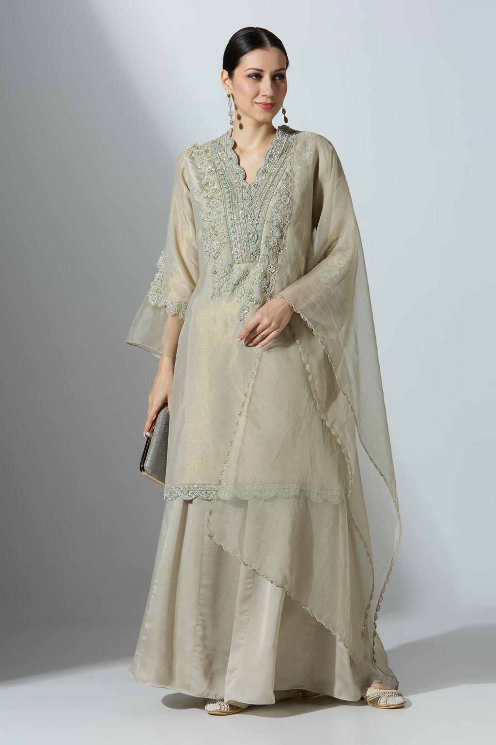 Beige Tissue Kurta Set With Pant and Dupatta