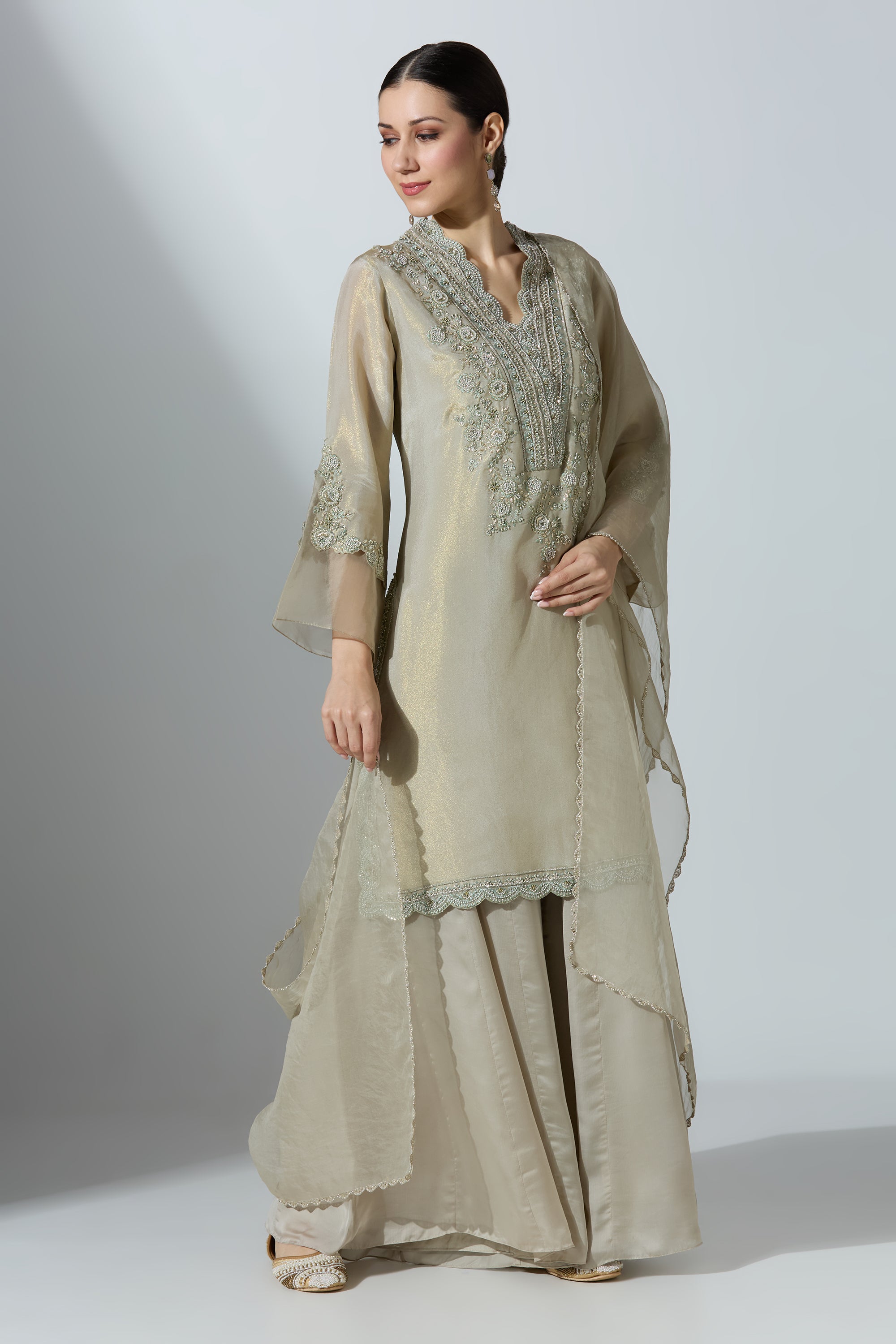 Beige Tissue Kurta Set With Pant and Dupatta
