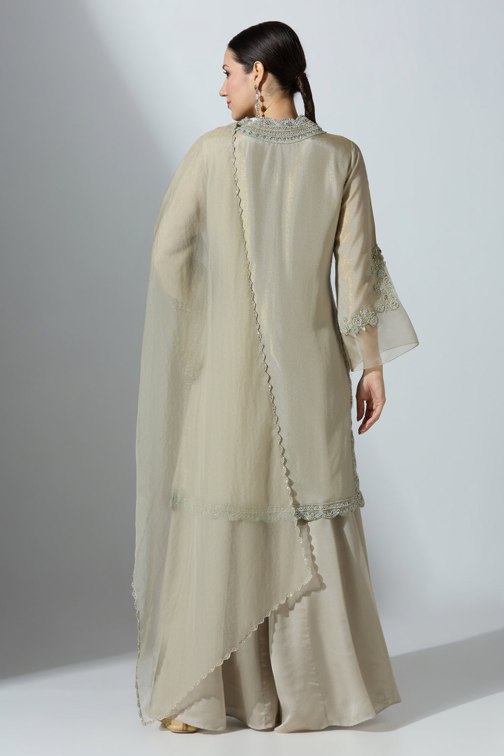Beige Tissue Kurta Set With Pant and Dupatta