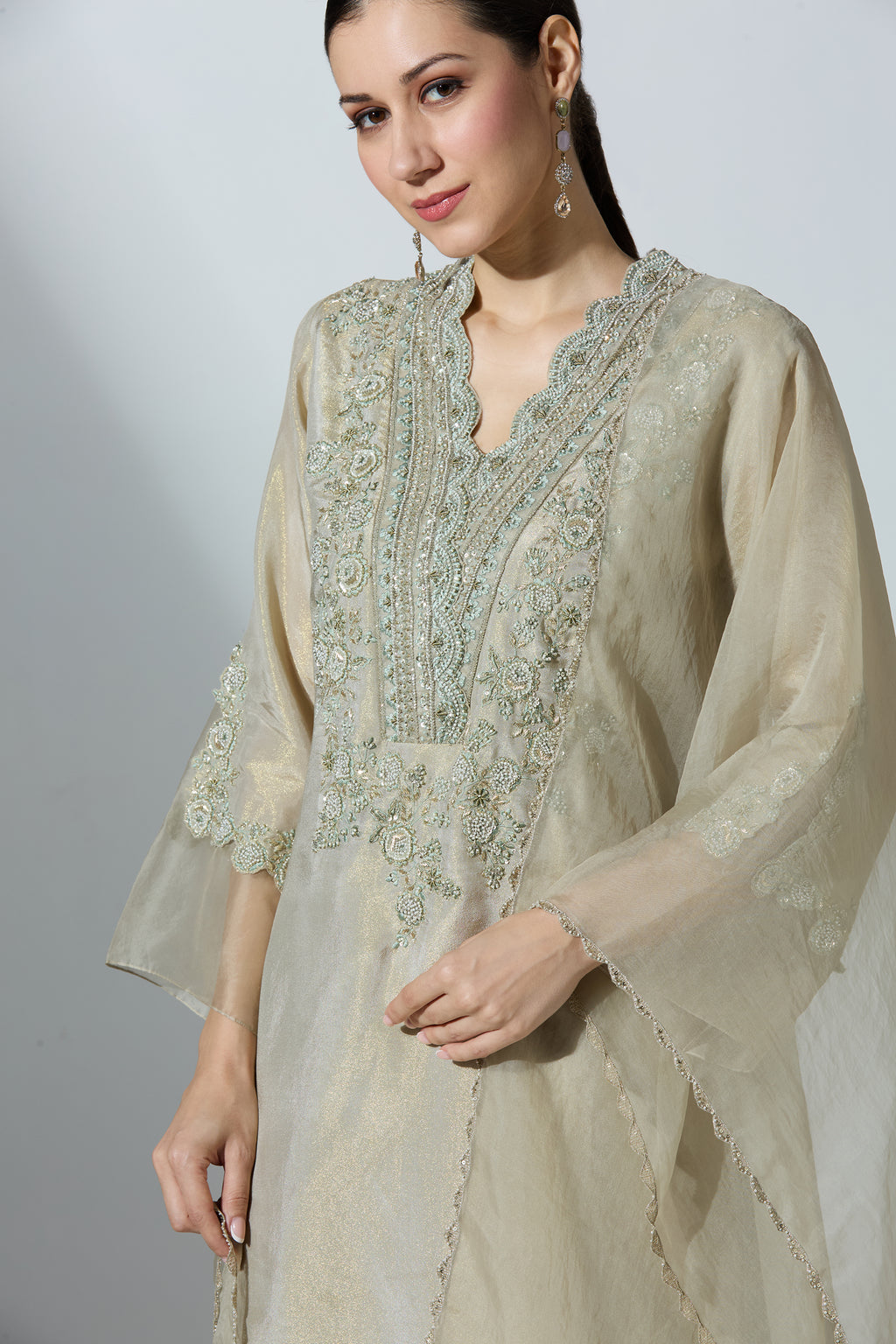 Beige Tissue Kurta Set With Pant and Dupatta