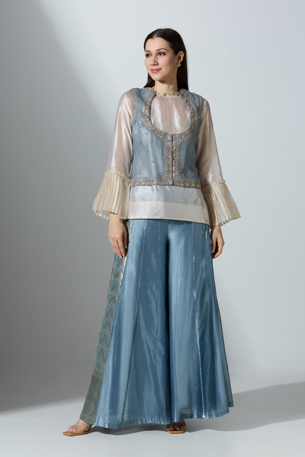 Blue Brocade Pant With Shirt and Koti