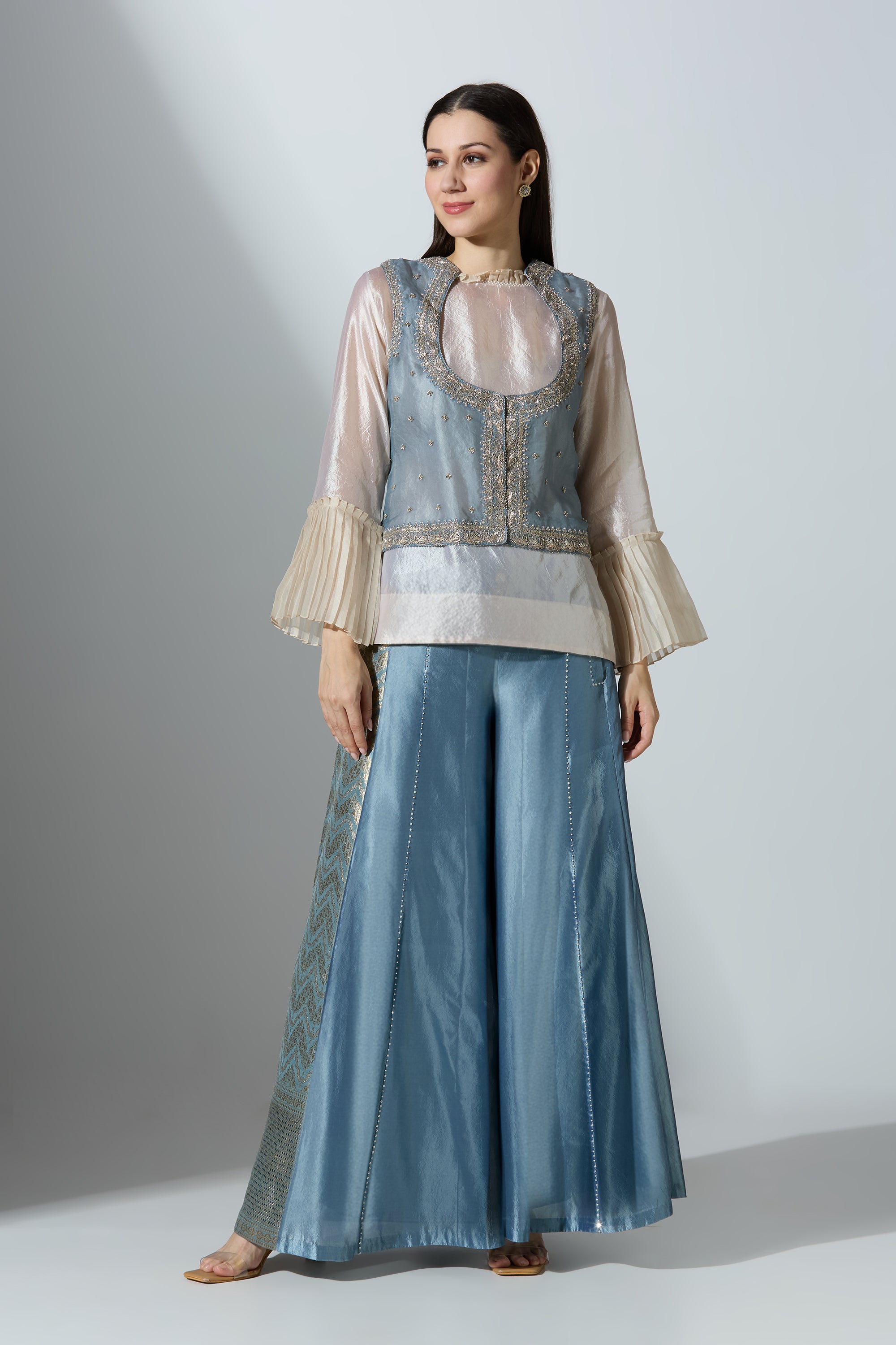 Blue Brocade Pant With Shirt and Koti