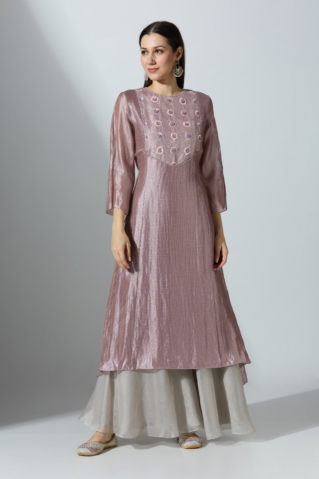 Purple YokeCut Fan Tissue Kurta With Pant