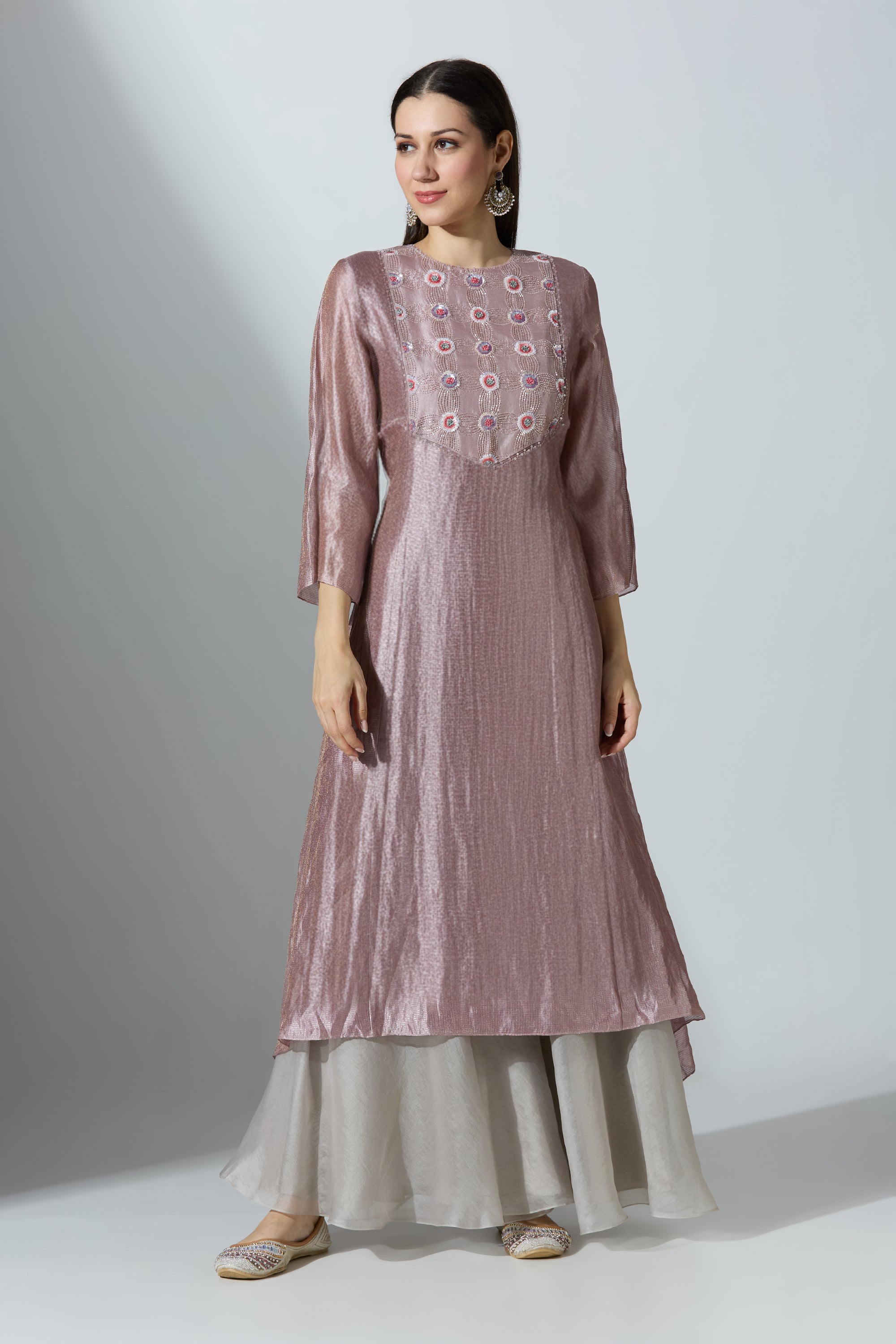 Purple YokeCut Fan Tissue Kurta With Pant