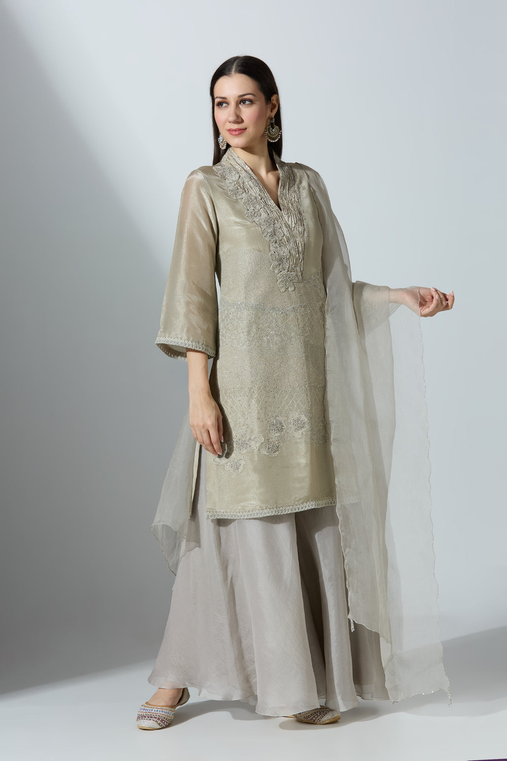 Beige V Neck Yoke Overlap Kurta Set With Pant and Dupatta