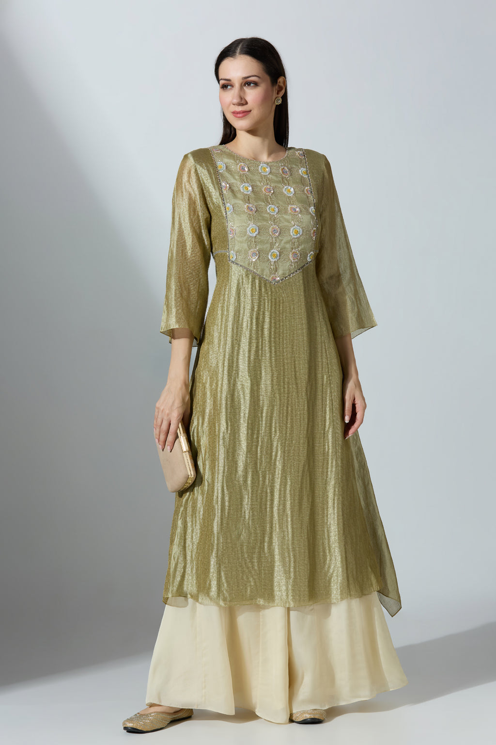 Green YokeCut Fan Tissue Kurta