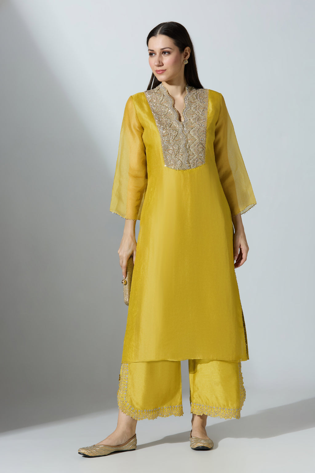 Yellow Organza Kurta Set With Pant