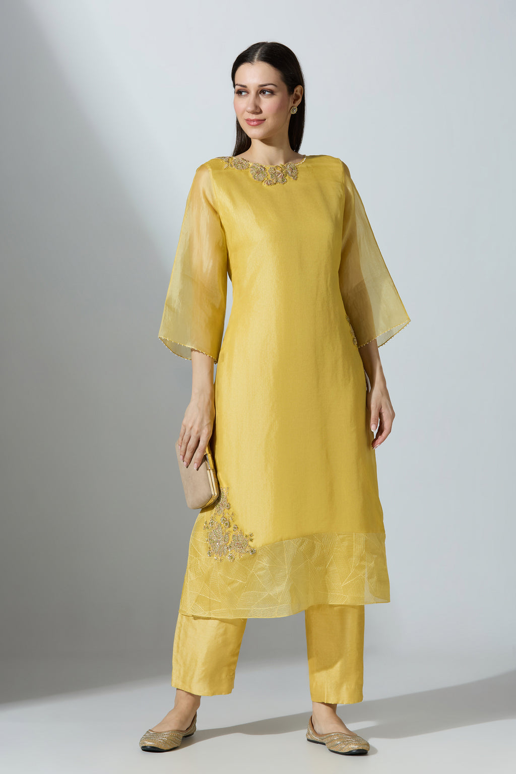 Yellow Extended Ghera Organza Kurta Set With Pant
