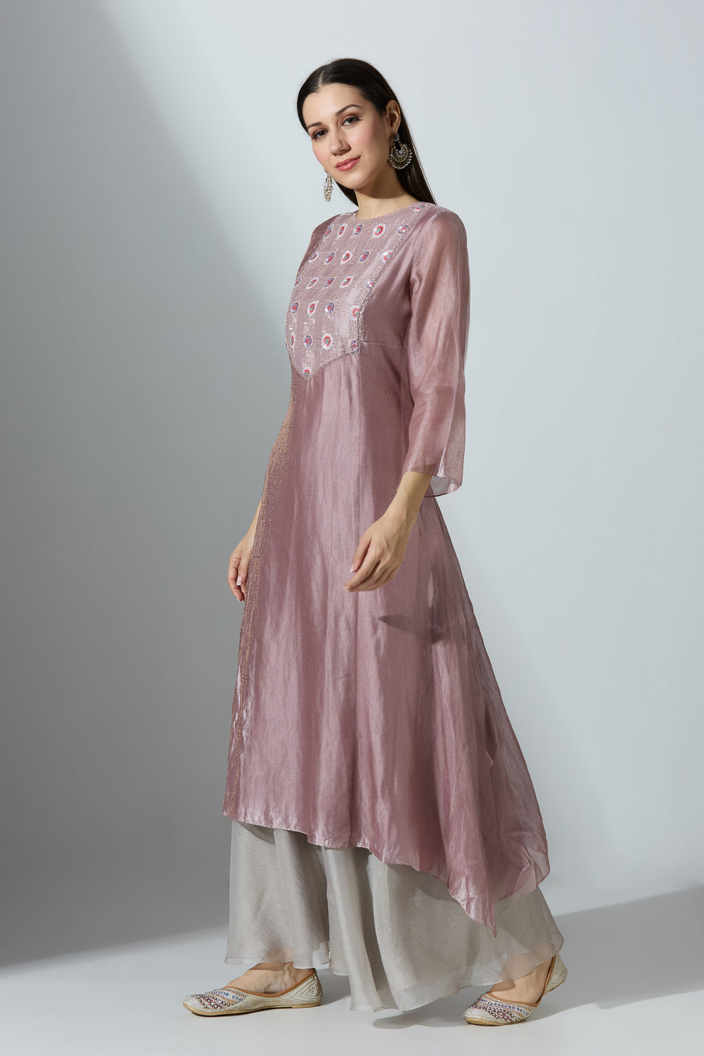 Purple YokeCut Fan Tissue Kurta With Pant