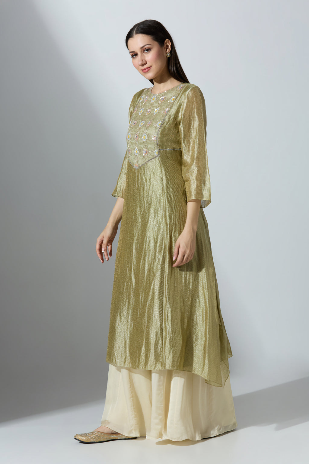 Green YokeCut Fan Tissue Kurta