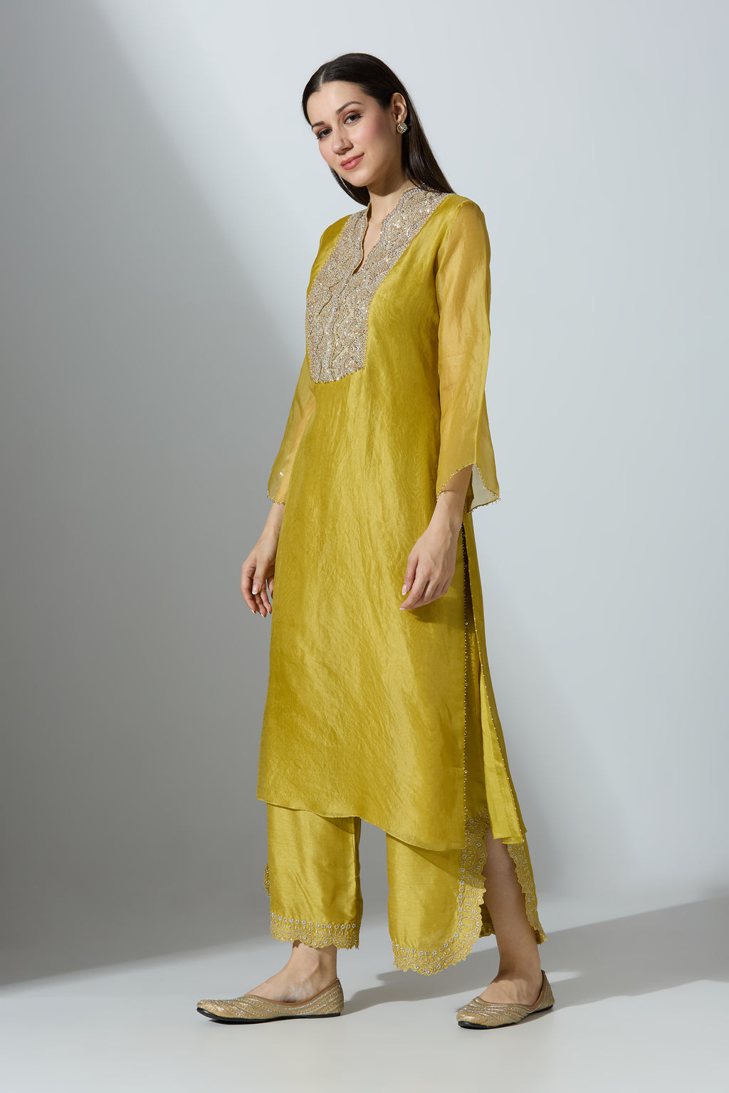 Yellow Organza Kurta Set With Pant