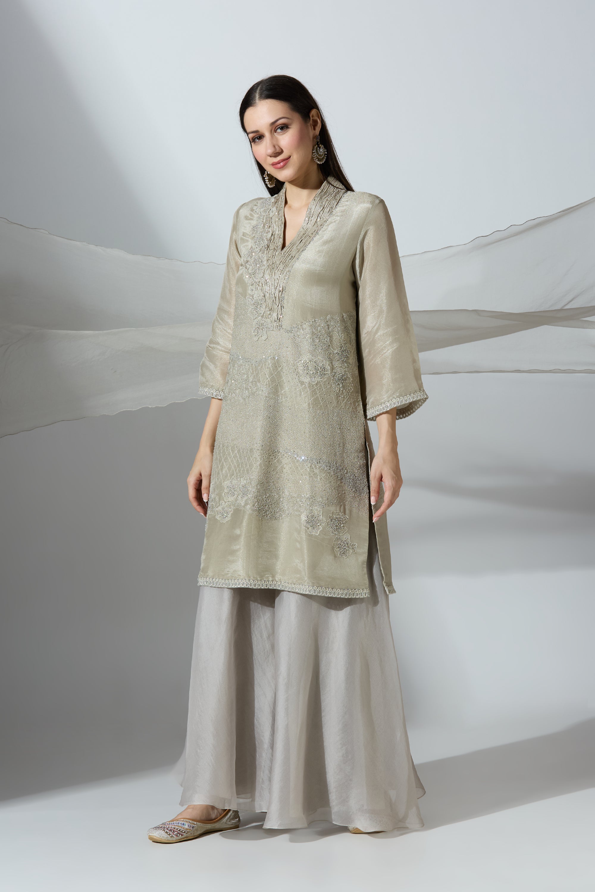 Beige V Neck Yoke Overlap Kurta Set With Pant and Dupatta
