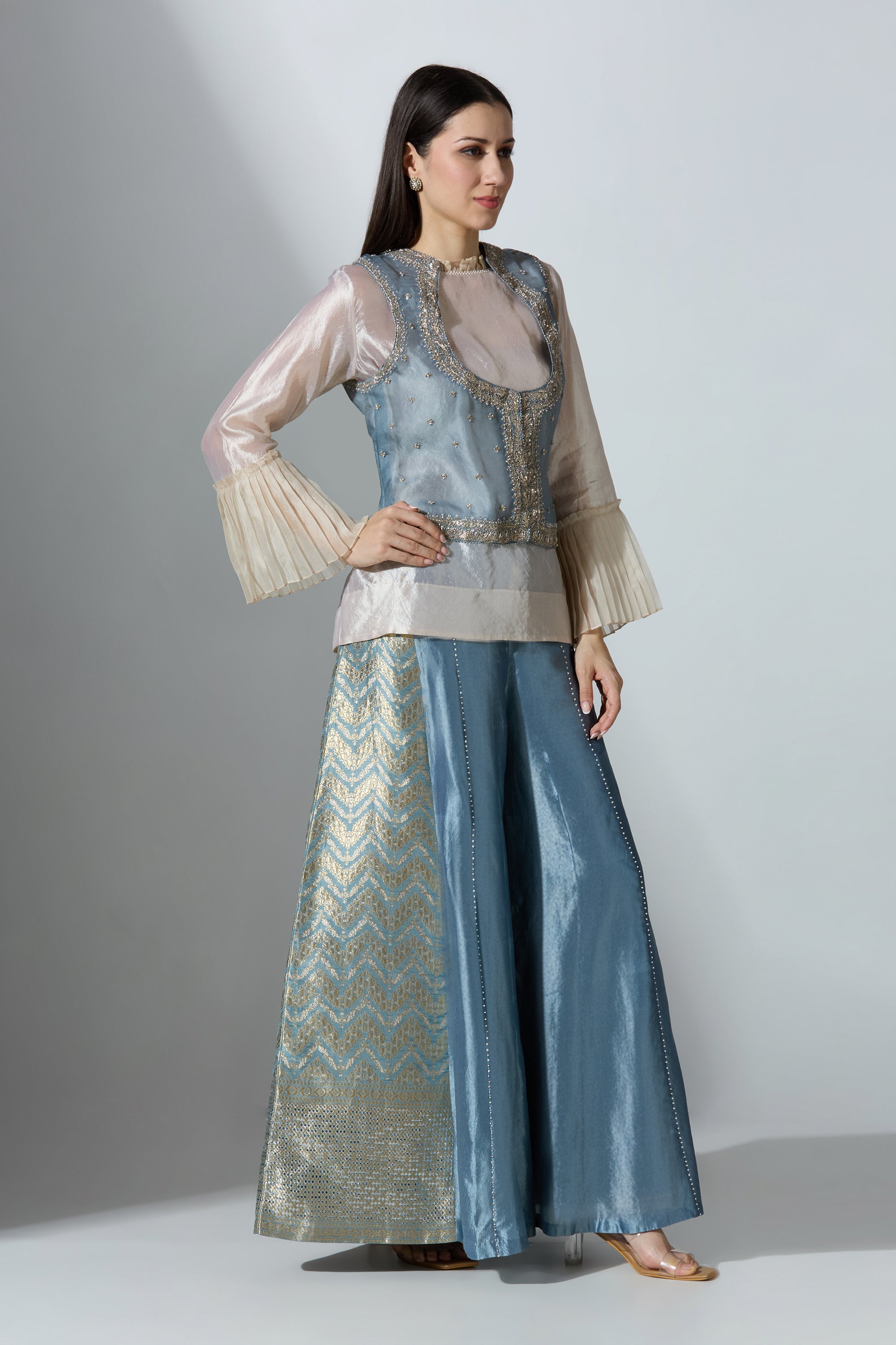 Blue Brocade Pant With Shirt and Koti