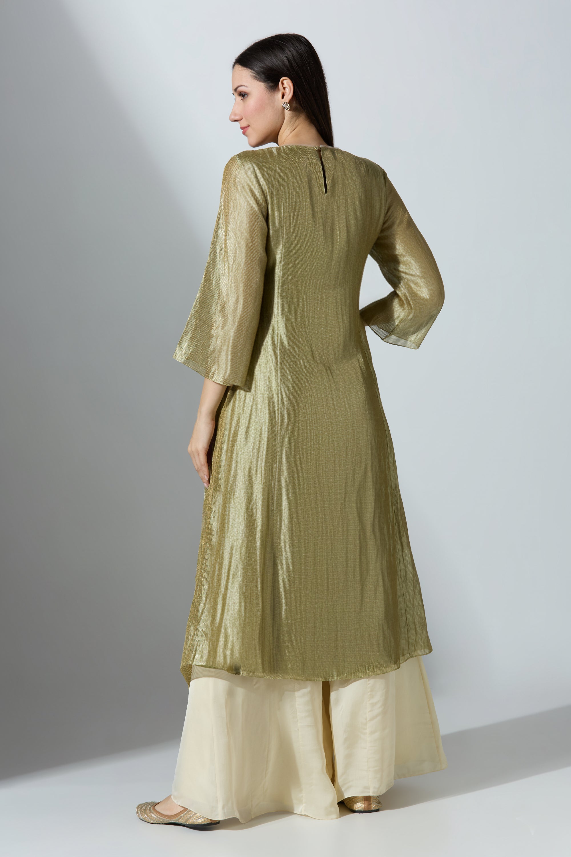 Green YokeCut Fan Tissue Kurta