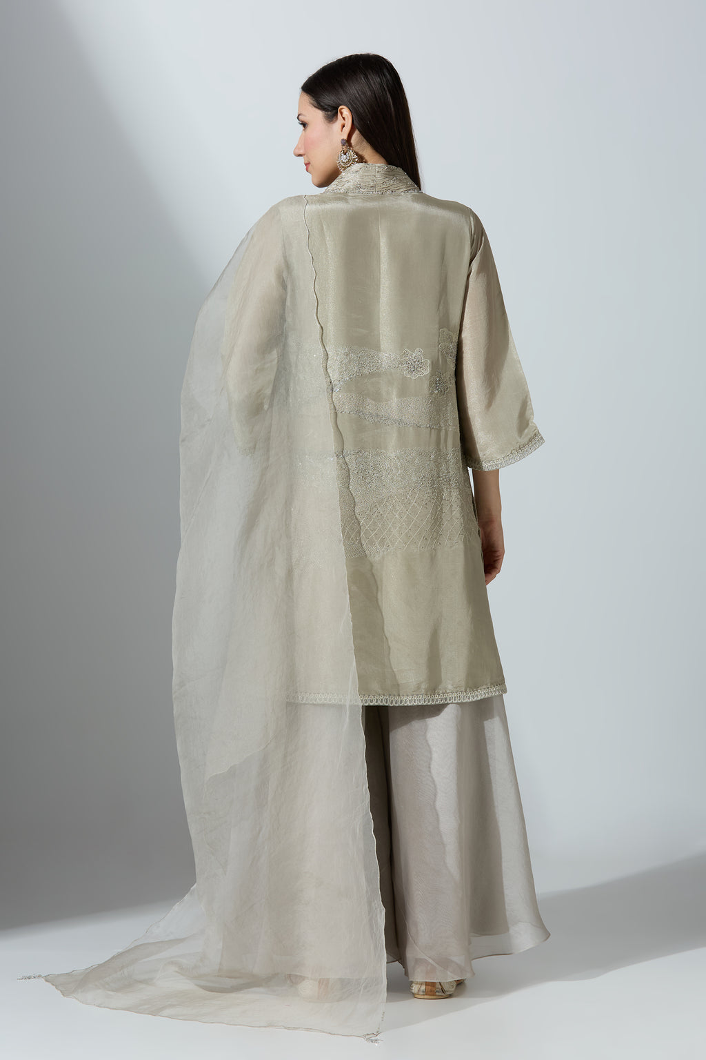 Beige V Neck Yoke Overlap Kurta Set With Pant and Dupatta