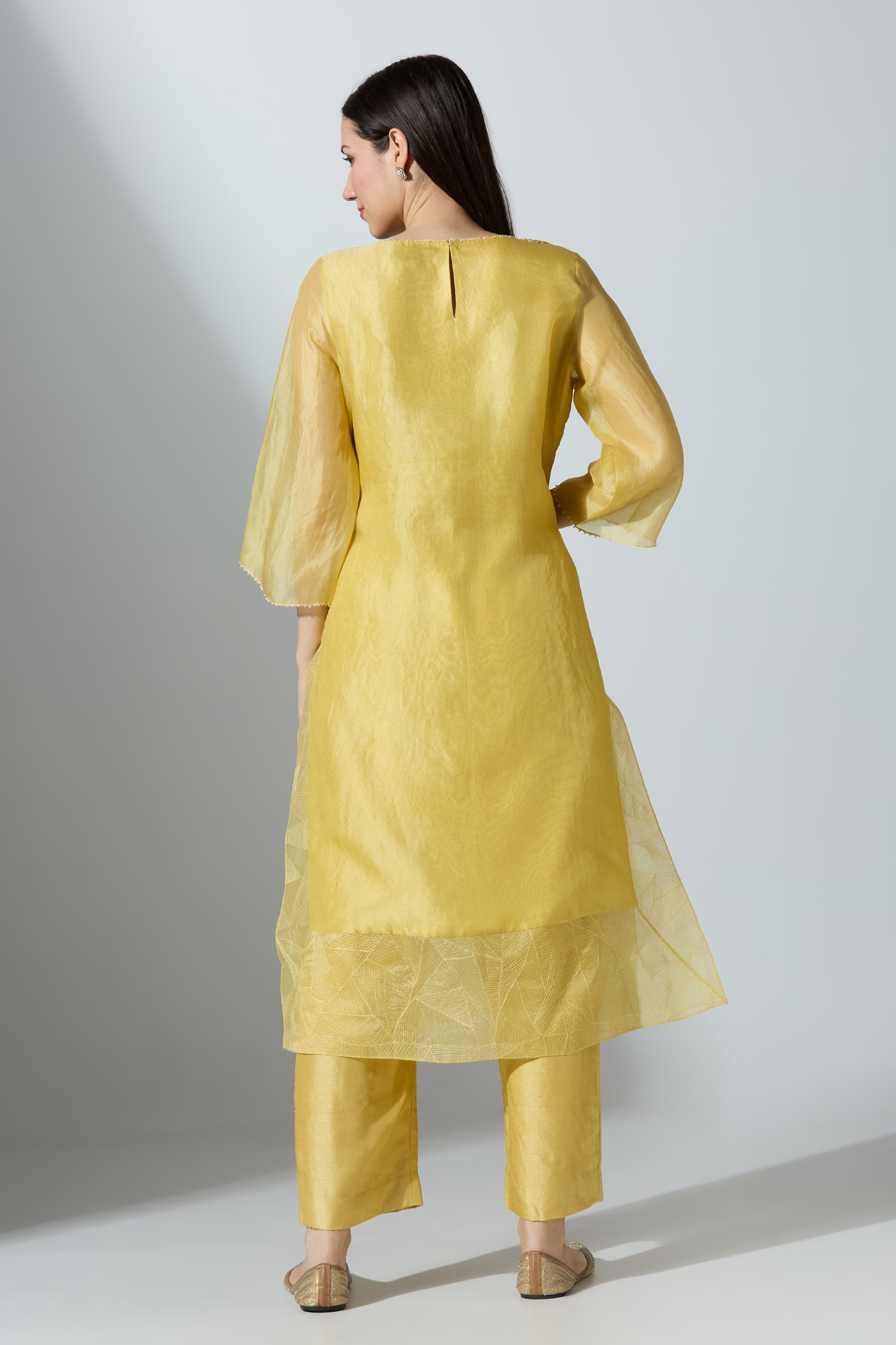 Yellow Extended Ghera Organza Kurta