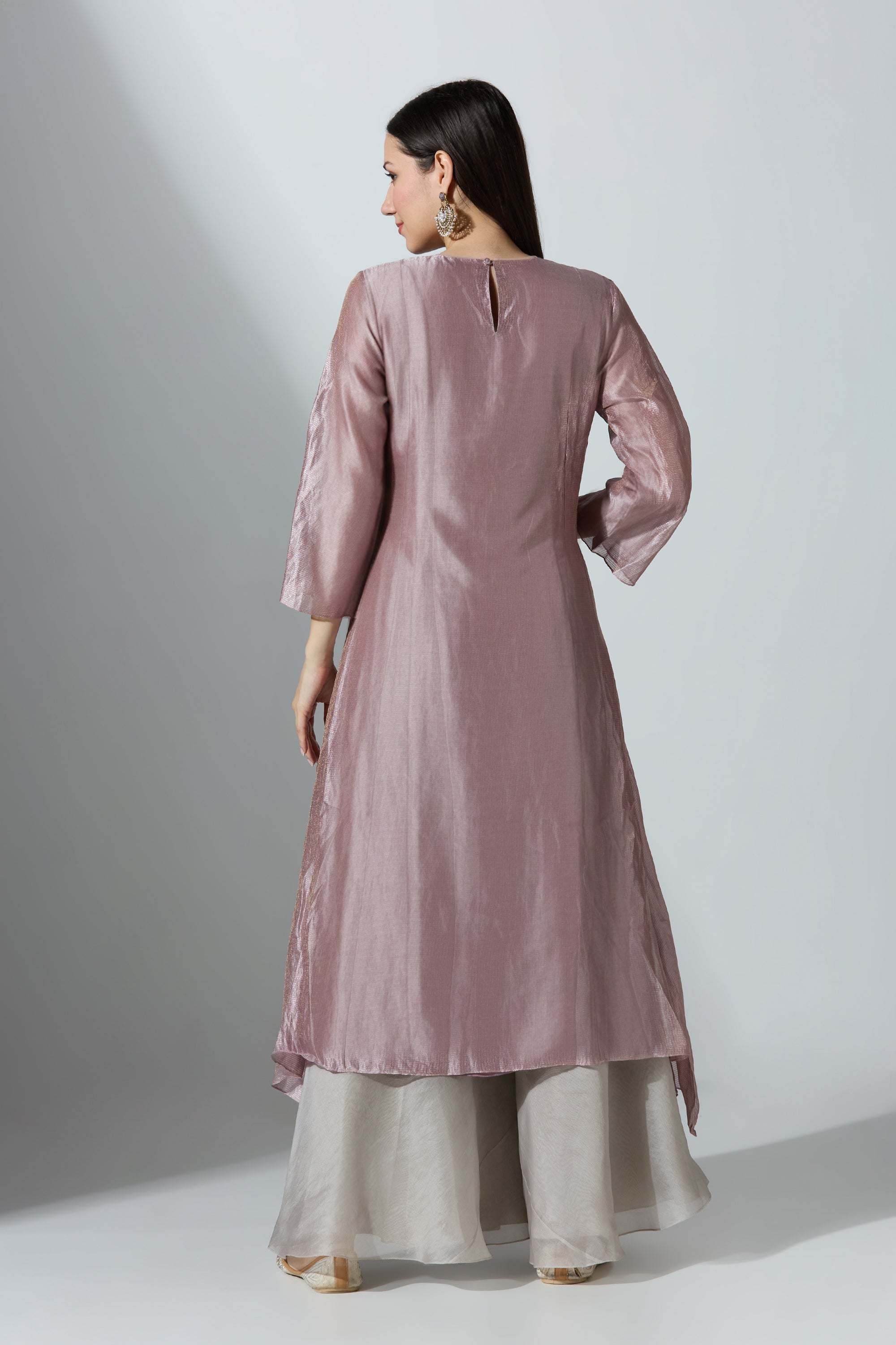 Purple YokeCut Fan Tissue Kurta With Pant