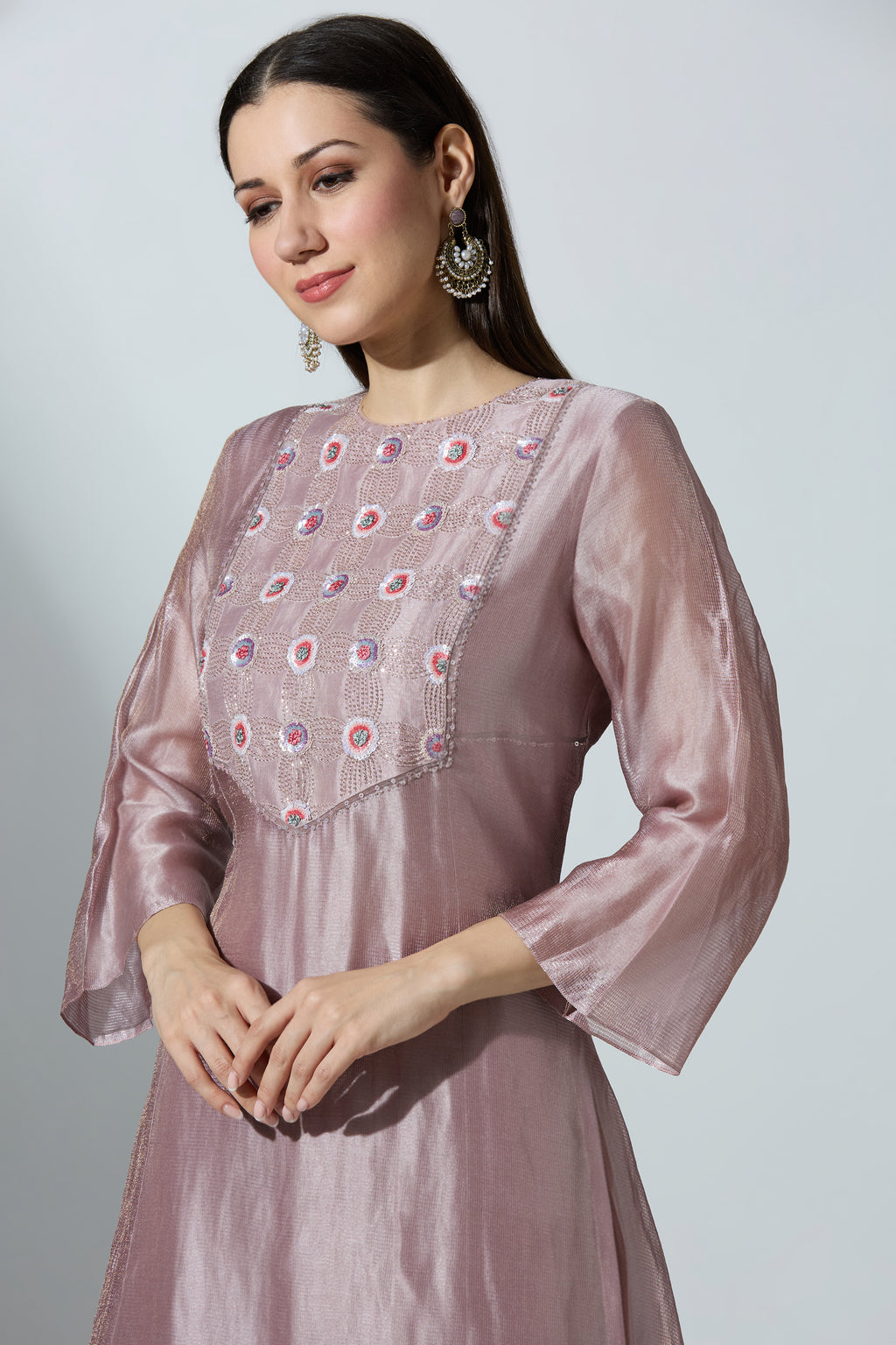 Purple YokeCut Fan Tissue Kurta With Pant