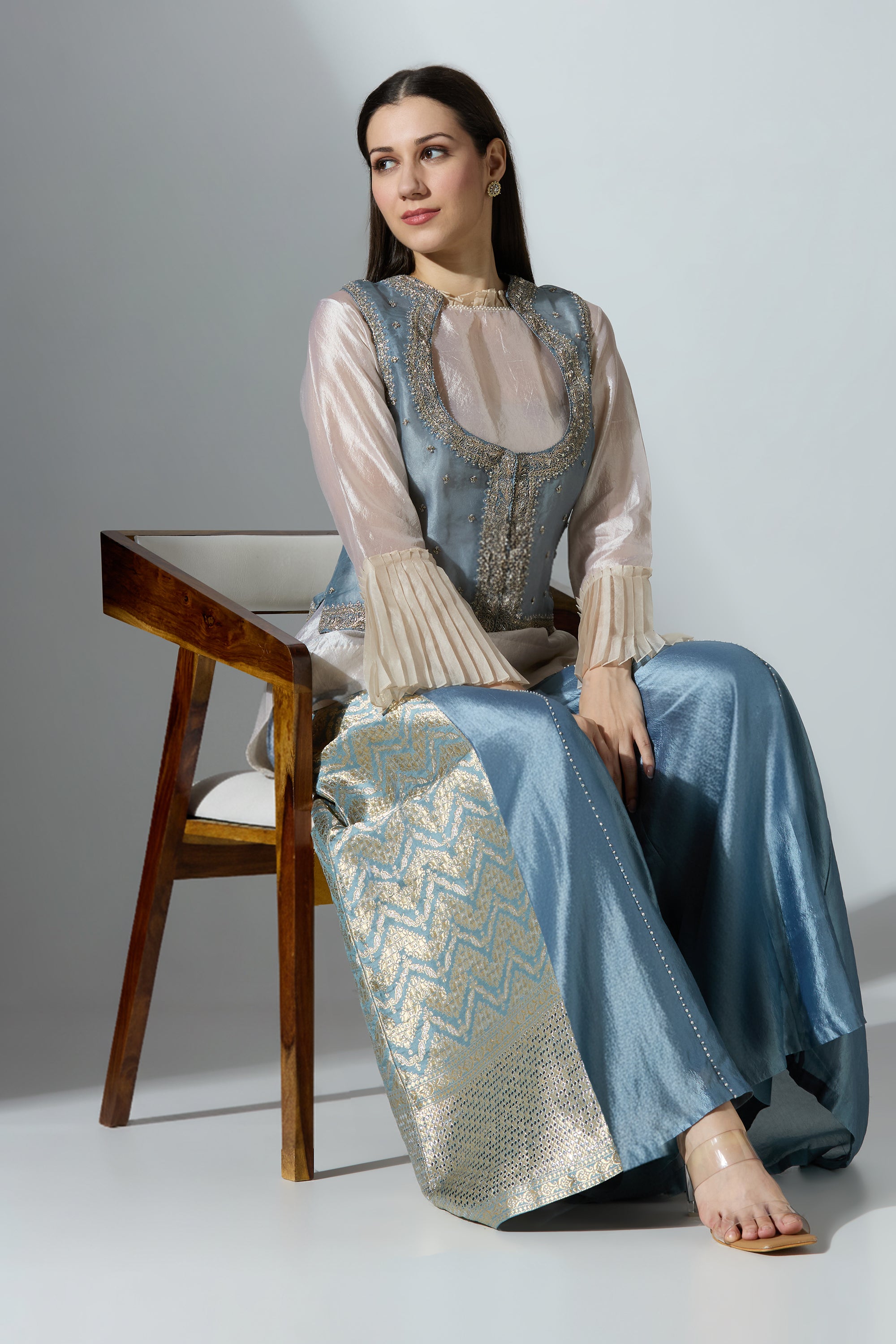Blue Brocade Pant With Shirt and Koti