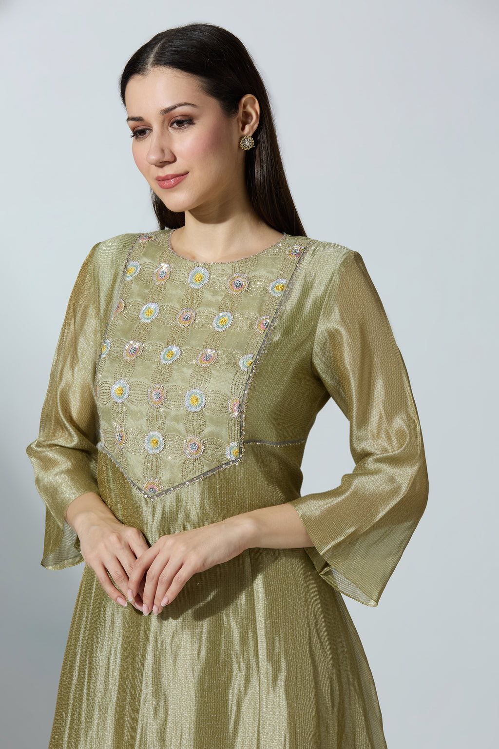 Green YokeCut Fan Tissue Kurta