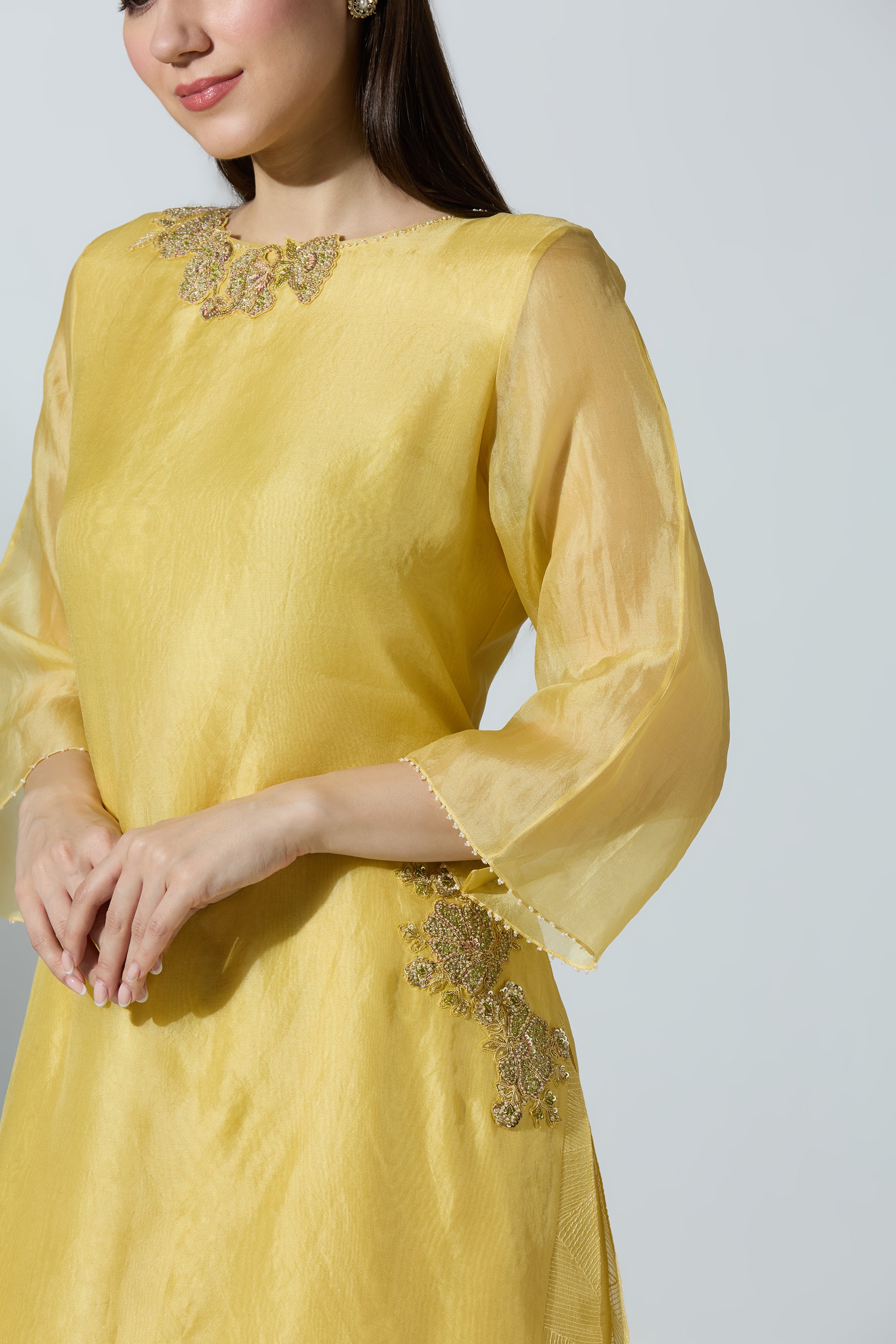 Yellow Extended Ghera Organza Kurta Set With Pant