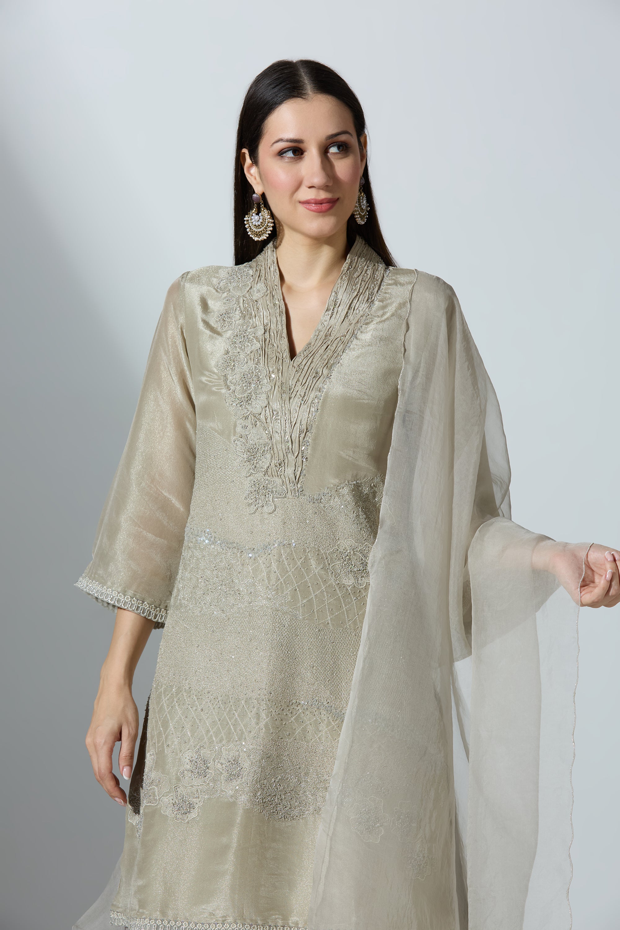 Beige V Neck Yoke Overlap Kurta Set With Pant and Dupatta