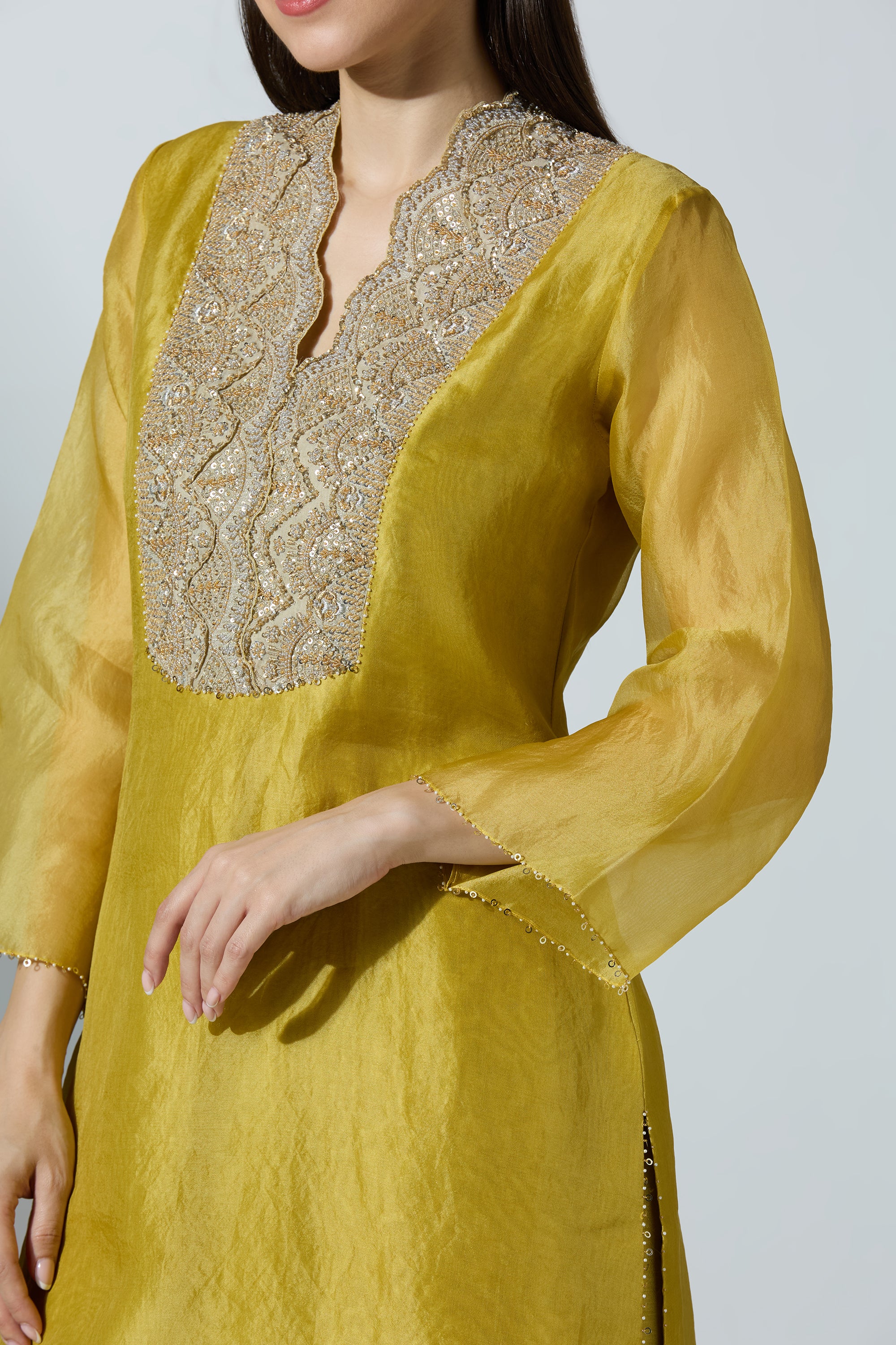 Yellow Organza Kurta Set With Pant