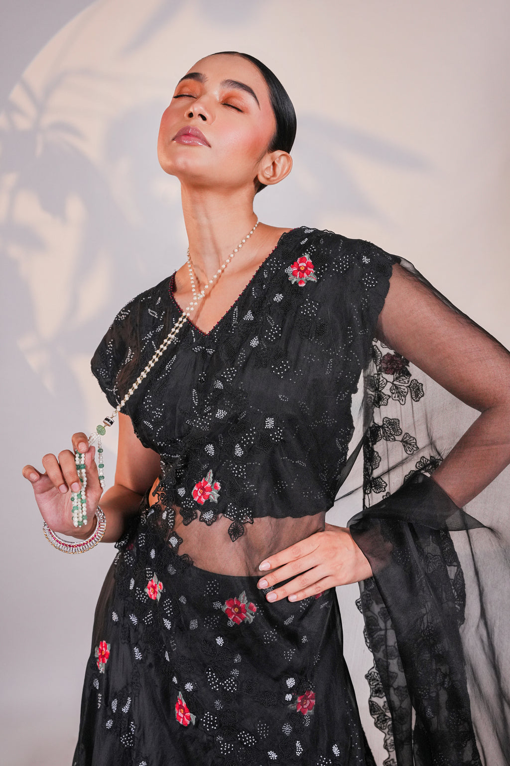Black Dancing Daisies Organza Lehenga Set