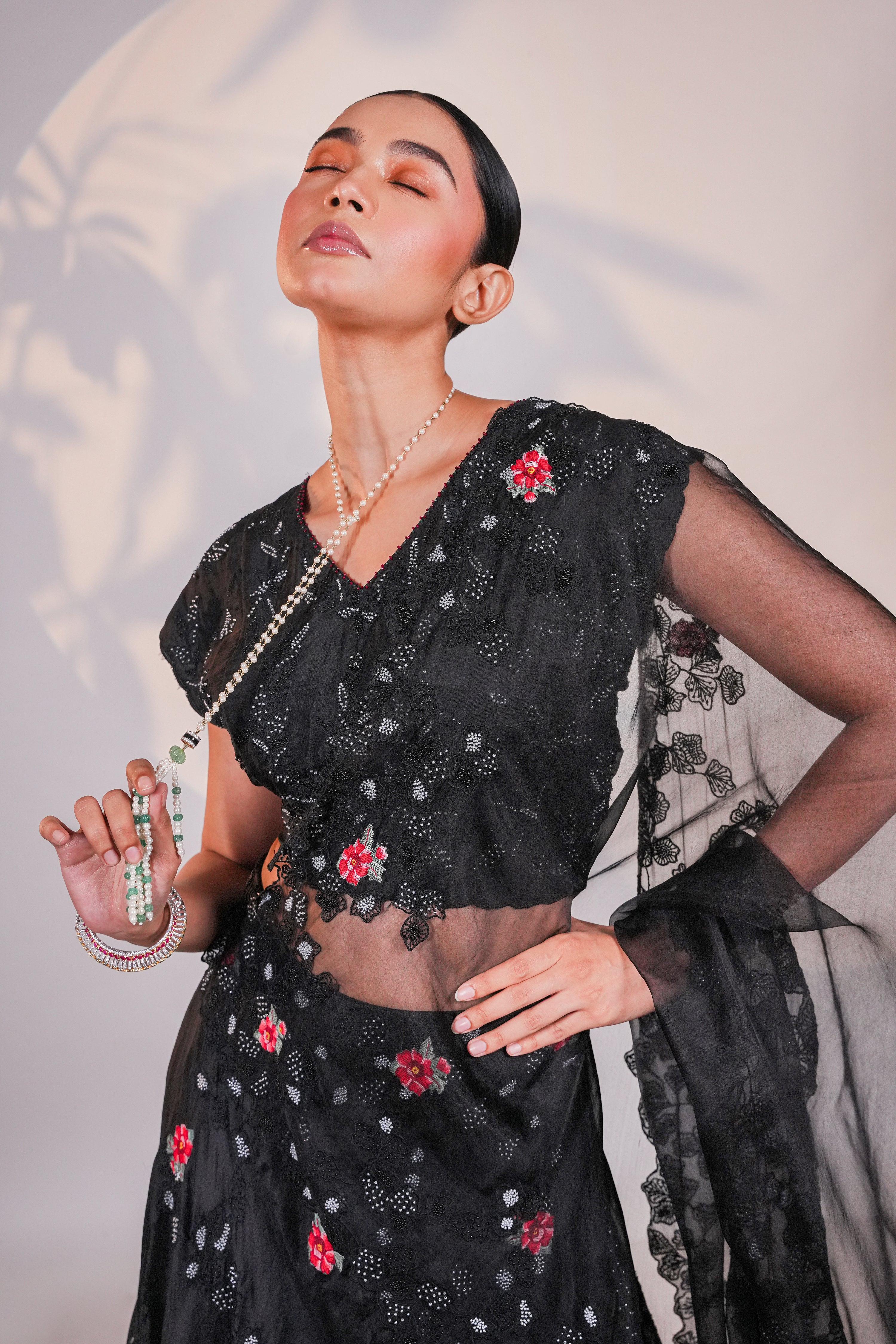 Black Dancing Daisies Organza Lehenga Set