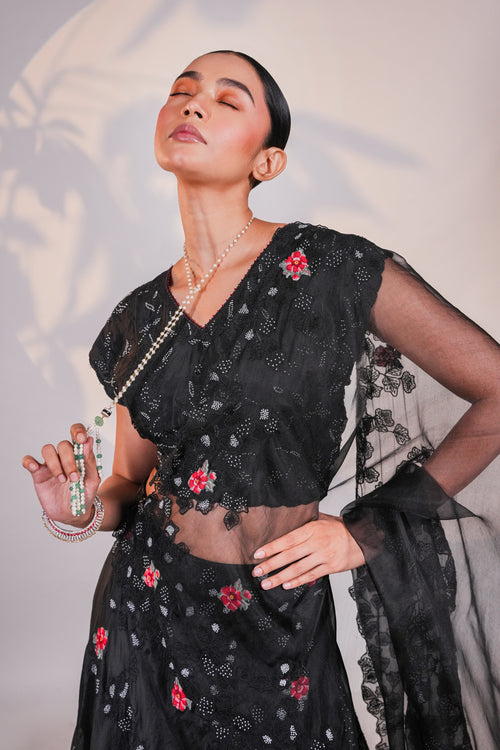 Black Dancing Daisies Organza Lehenga Set