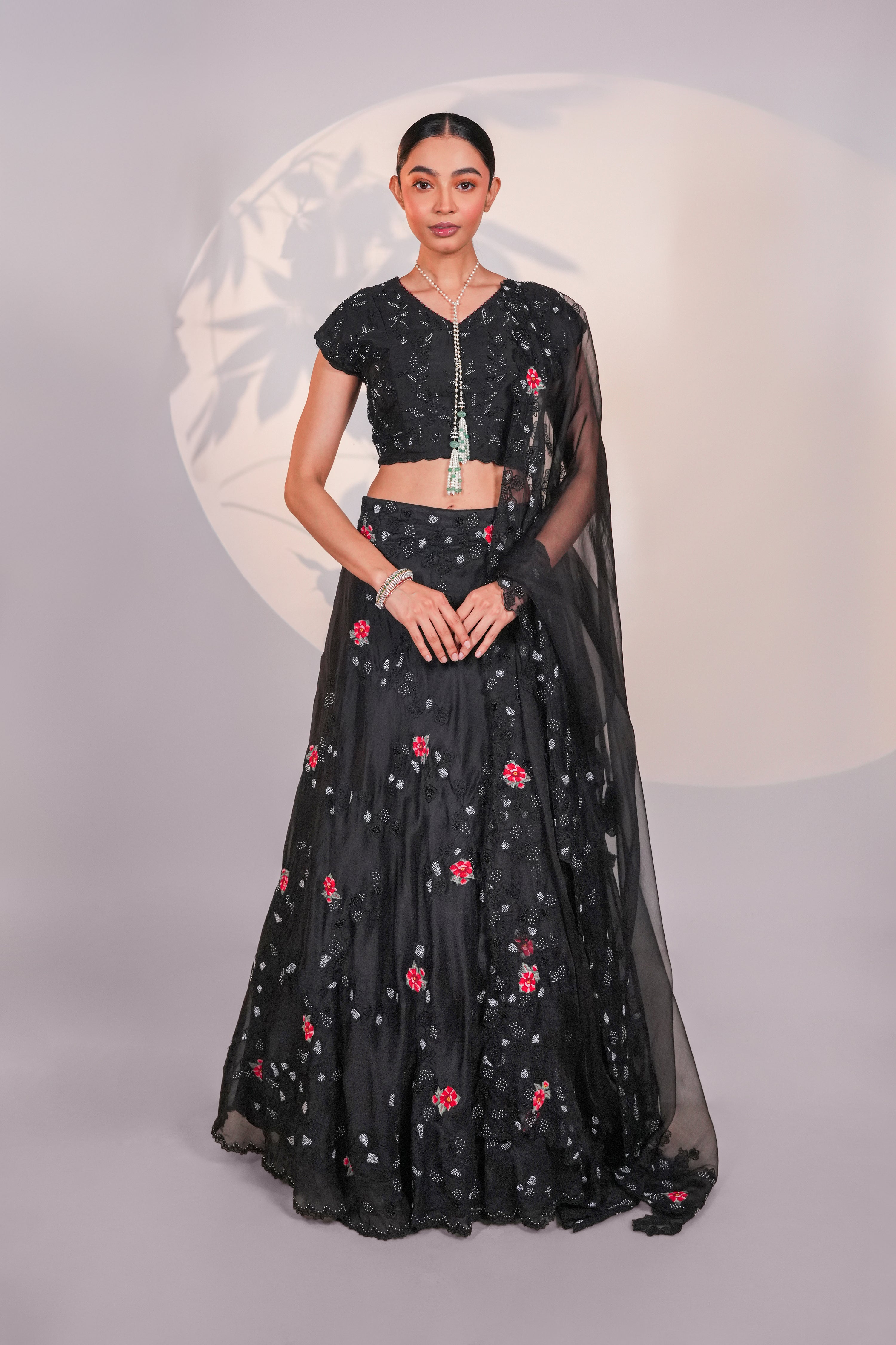 Black Dancing Daisies Organza Lehenga Set