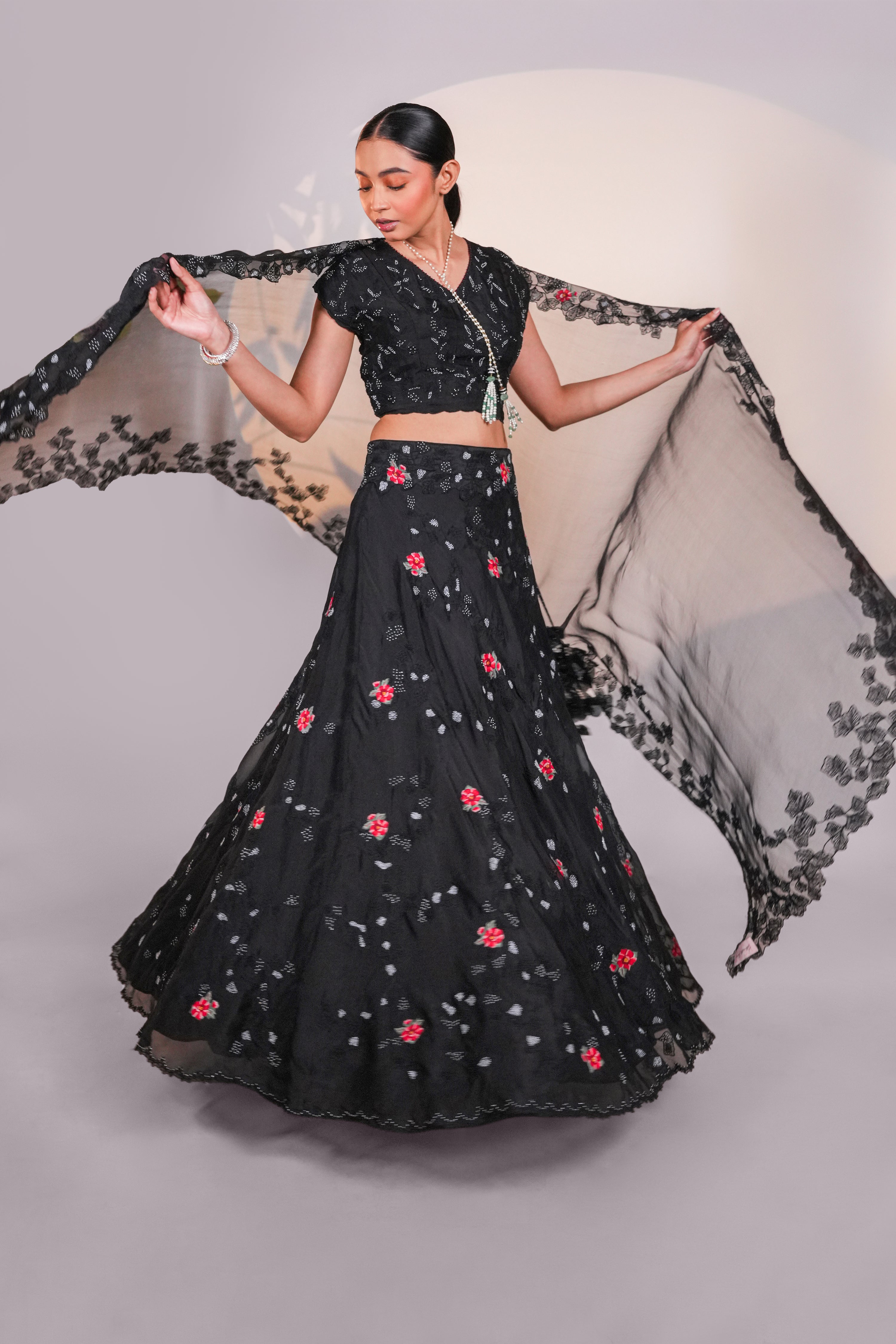 Black Dancing Daisies Organza Lehenga Set