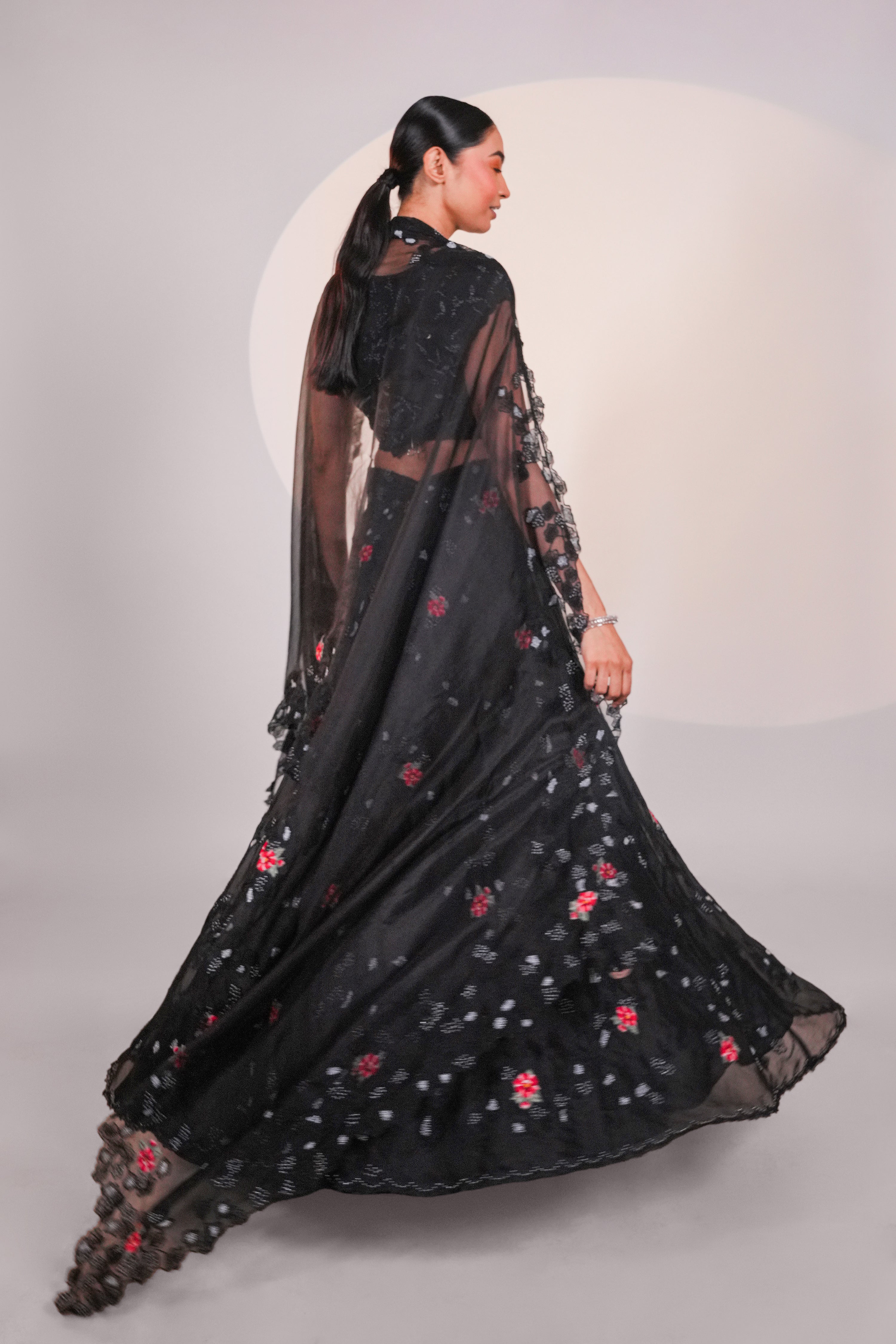 Black Dancing Daisies Organza Lehenga Set