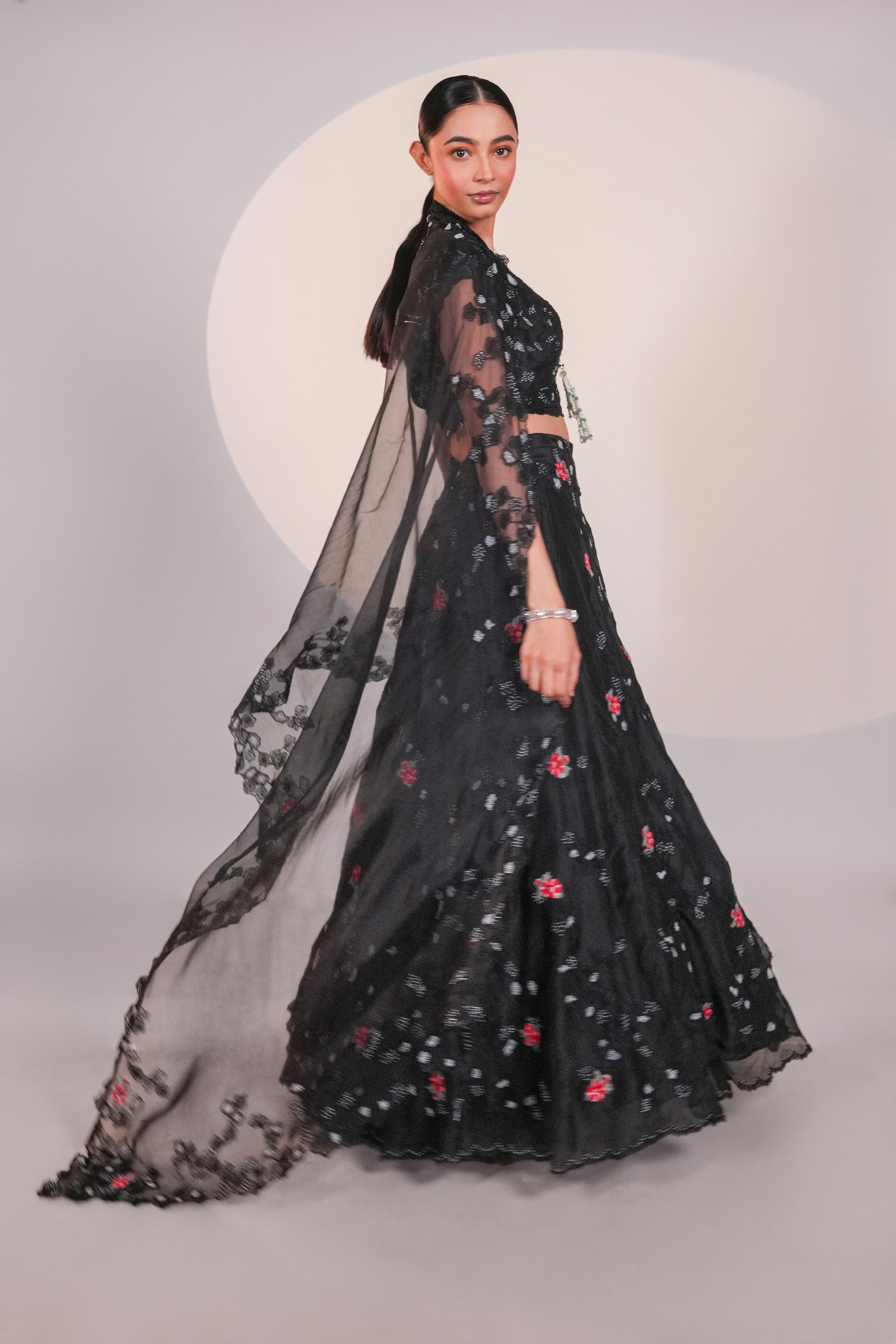 Black Dancing Daisies Organza Lehenga Set
