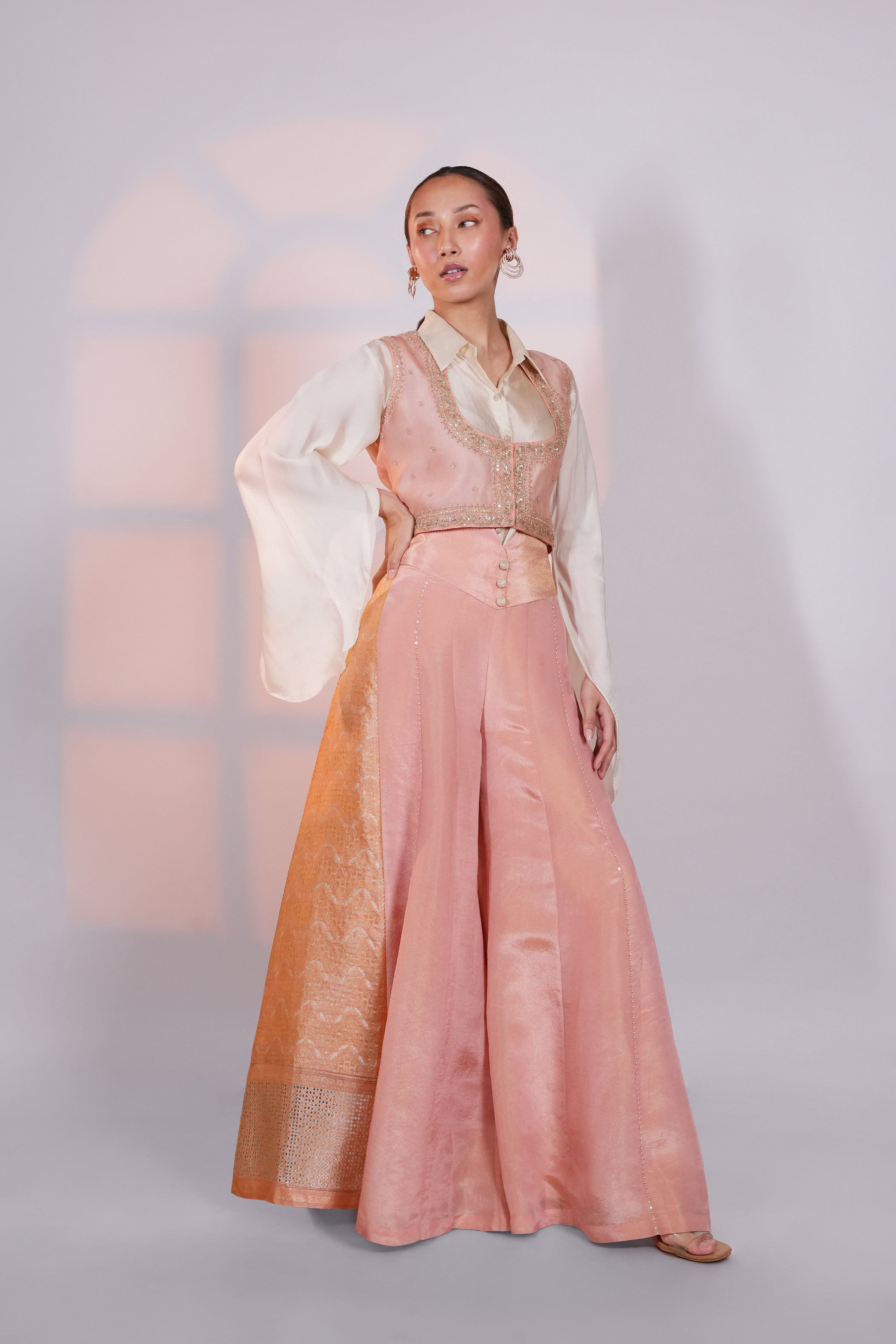 Peach Brocade Pant with Koti and Shirt