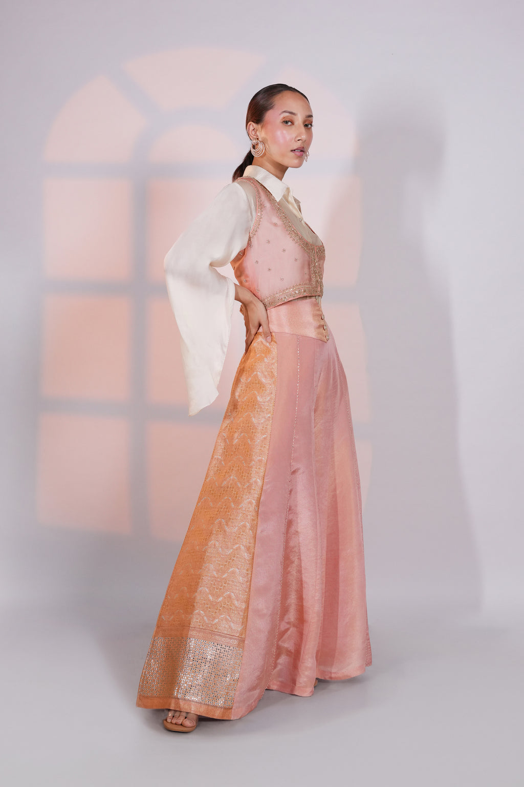 Peach Brocade Pant with Koti and Shirt