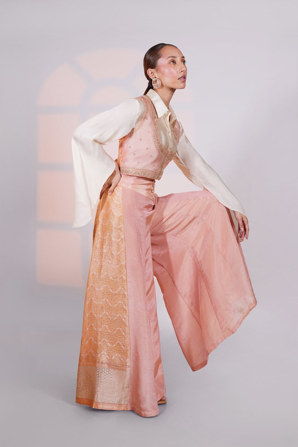 Peach Brocade Pant with Koti and Shirt