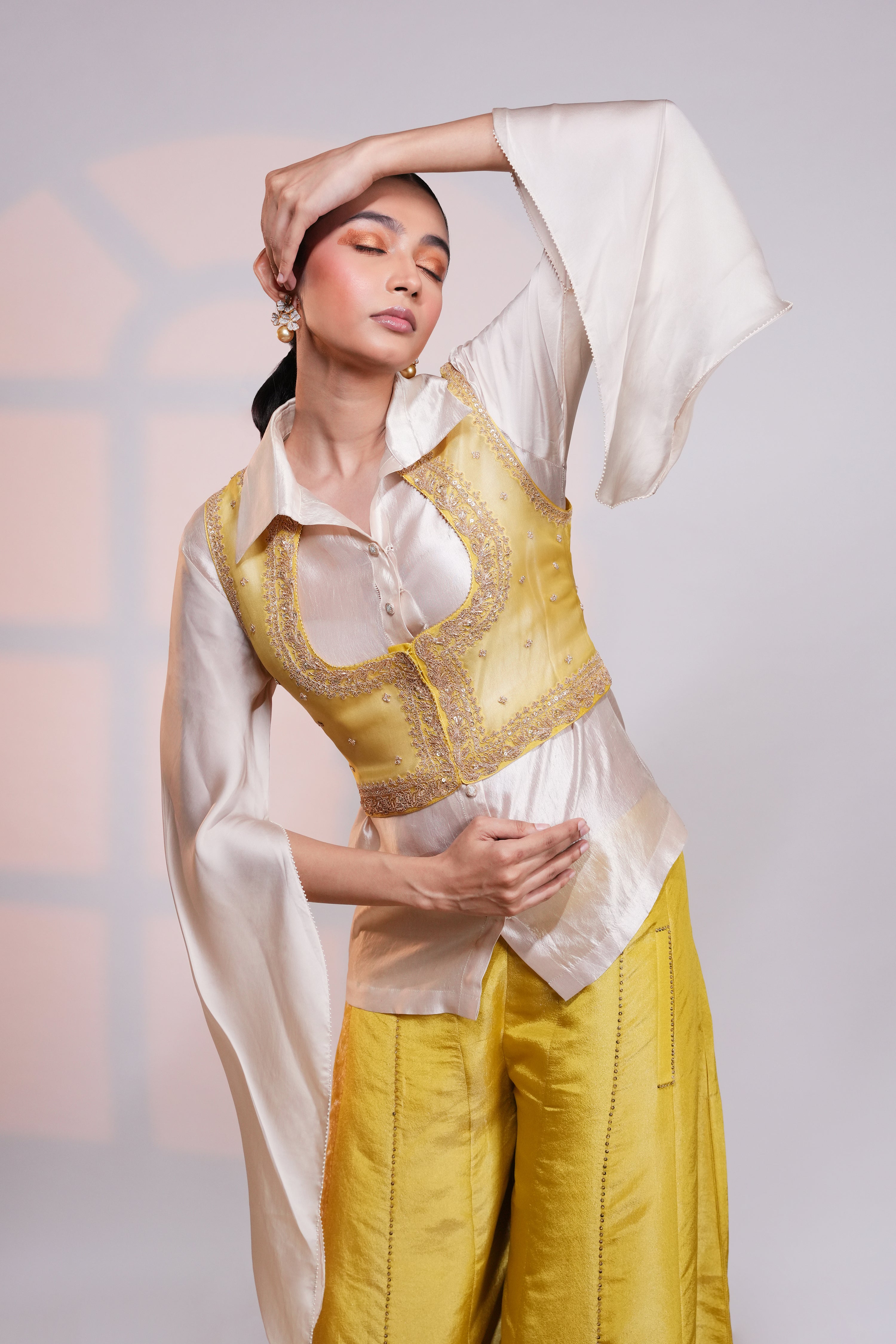 Yellow Brocade Panel Pant Set