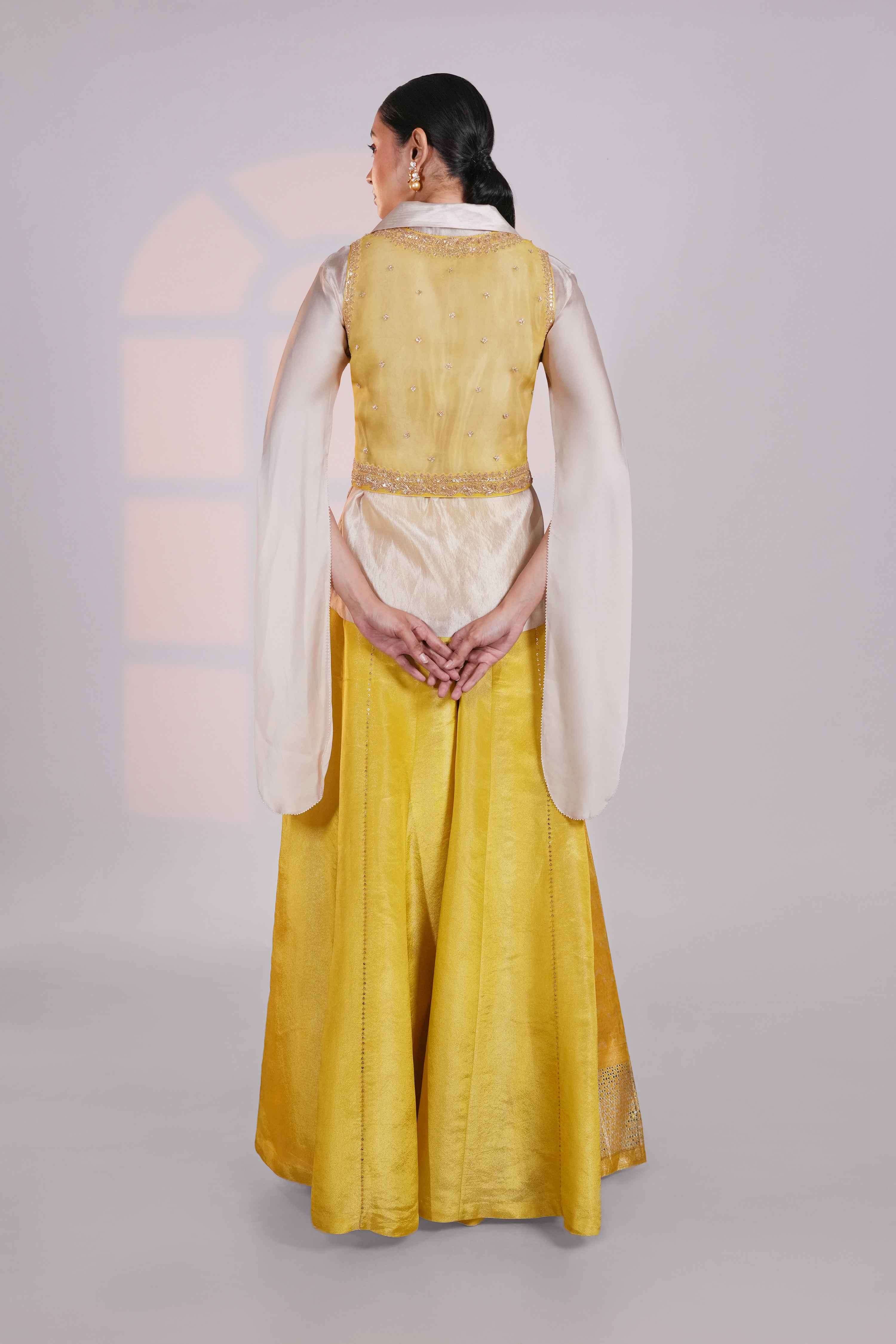 Yellow Brocade Panel Pant Set