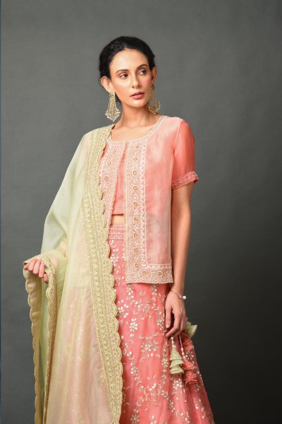 Peach Organza Lehenga With Blouse and Koti